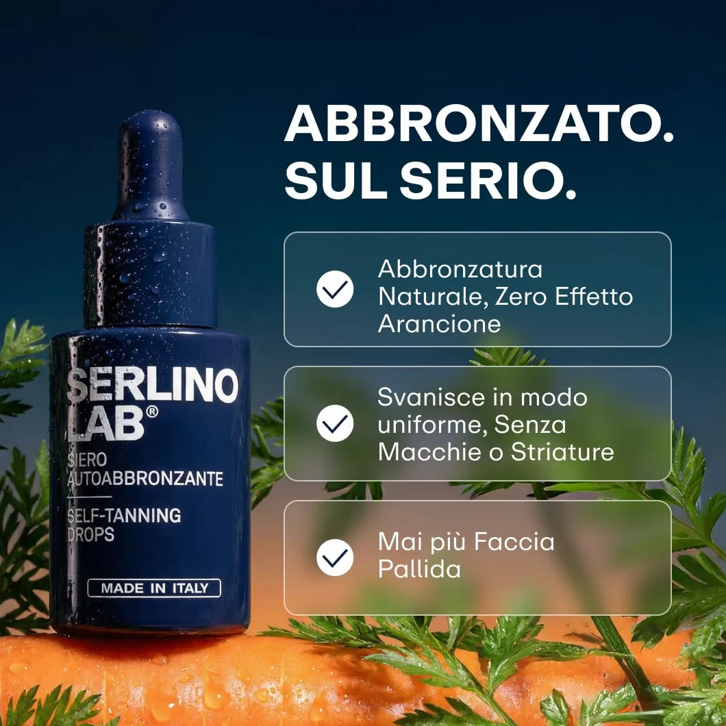 SERLINO LAB Gocce Autoabbronzanti 30 ml, siero abbronzante, Abbronzatura naturale senza sole con DHA + Eritrulosio, Aloe Vera e Acido Ialuronico, Durata 3‑4 giorni, Made in Italy
