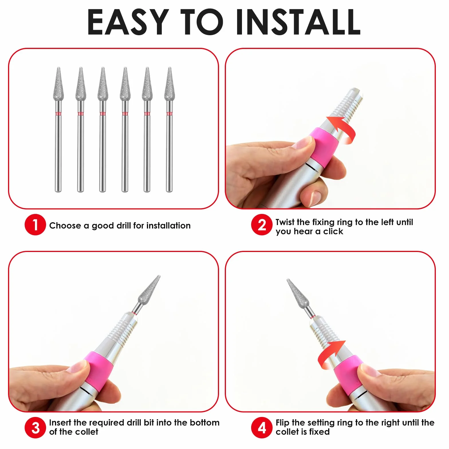 Set di 6 punte per trapano cuticole in acciaio inossidabile con custodia professionale