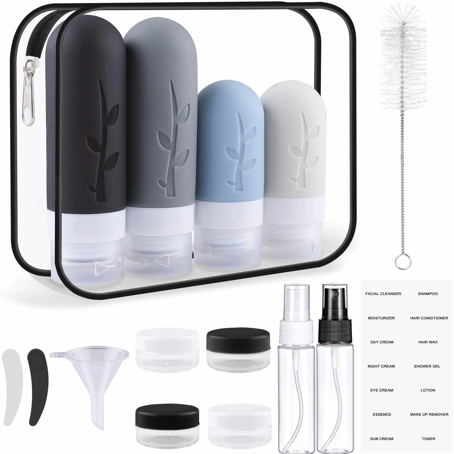 Kit Viaggio Liquidi, 16 Pezzi Contenitori da Viaggio in Silicone, Contenitori Accessori per Shampoo, Lotion e Cosmetici, Mini Size da Viaggio (Nero)