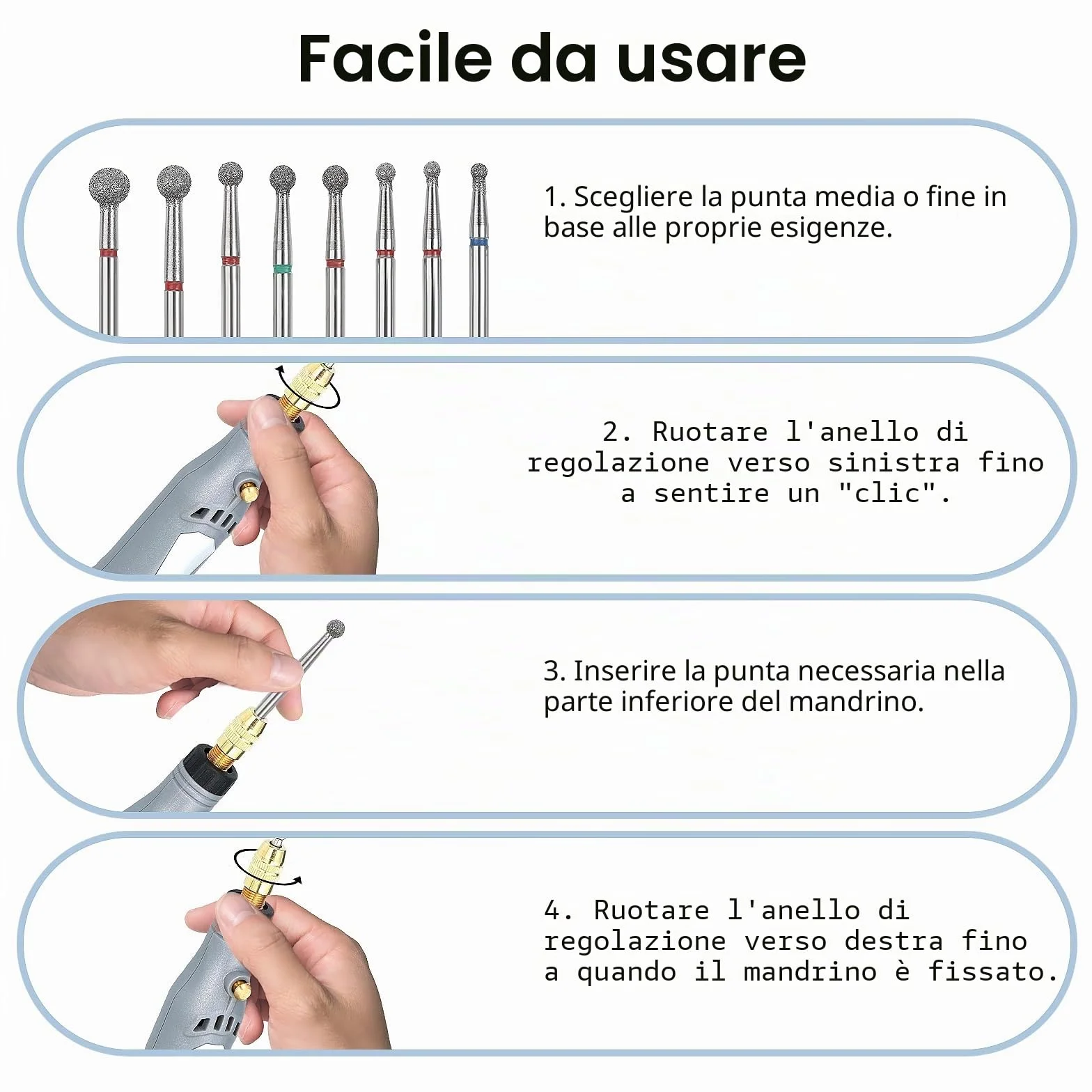 Punte Fresa Unghie Testa a Sfera 3/32" 8 Pezzi per Pulizia Cuticole Elettriche Lima Unghie Gel