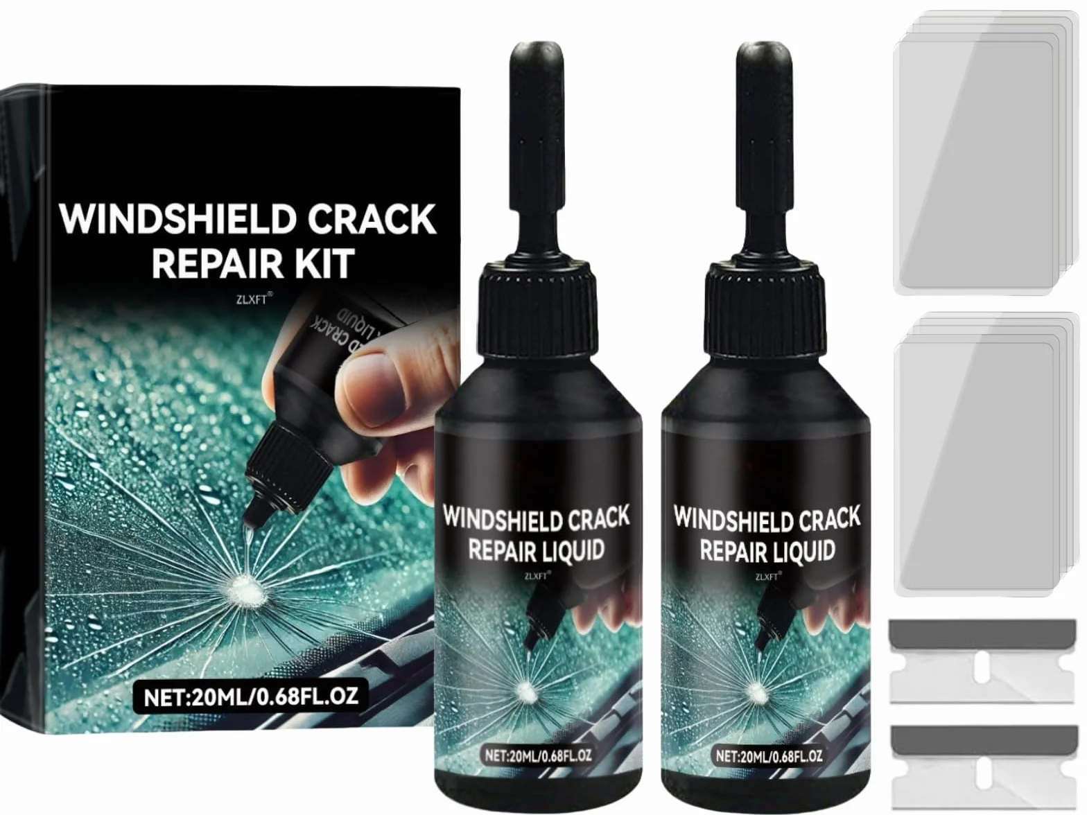Kit Riparazione Crepe Vetro Auto, 2pcs Parabrezza, Liquido Riparazione Vetro
