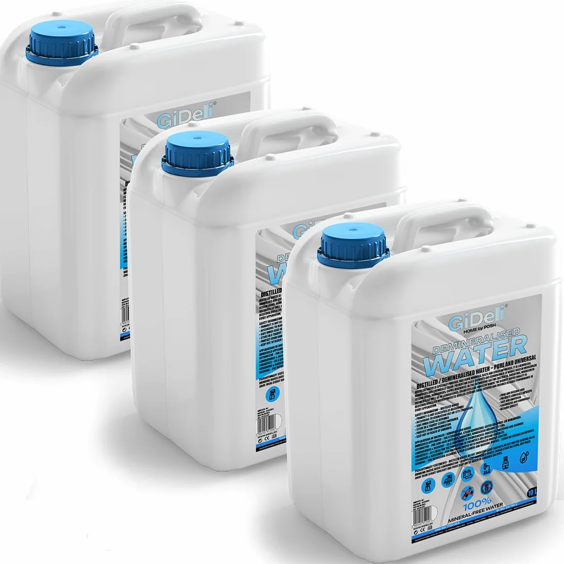 GiDeli Acqua demineralizzata, 3 x 10 l, acqua distillata per ferro da stiro, batterie, refrigeratore, umidificatore, acquario e laboratorio, acqua senza calcare, inodore, trasparente