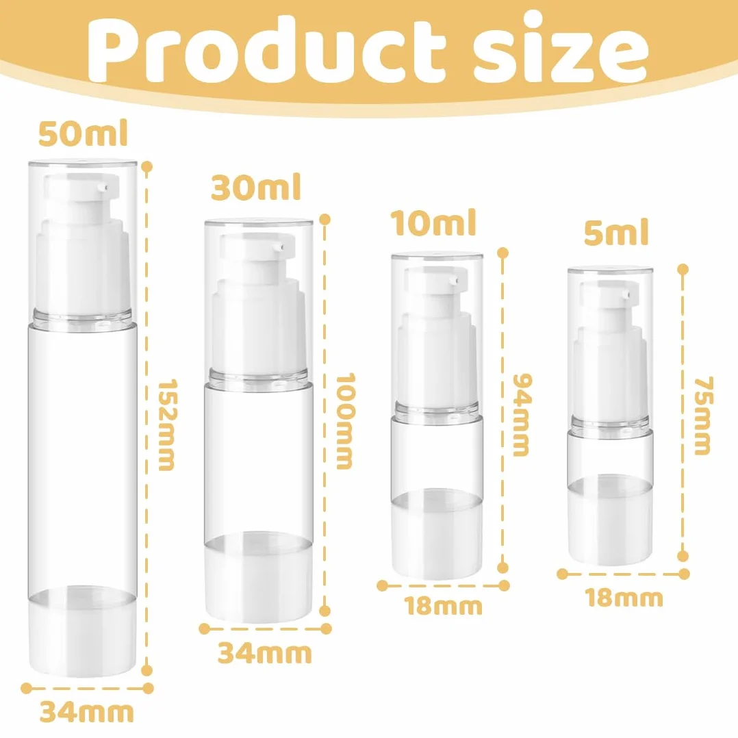 4 dispenser per crema, 5ml, 10 ml, 30 ml, 50 ml, senza senz'aria, Flaconi da Viaggio Trasparente, Airless Contenitore Crema Pump, Dispenser Cosmetico da Riempire, per Lozione, Fondotinta