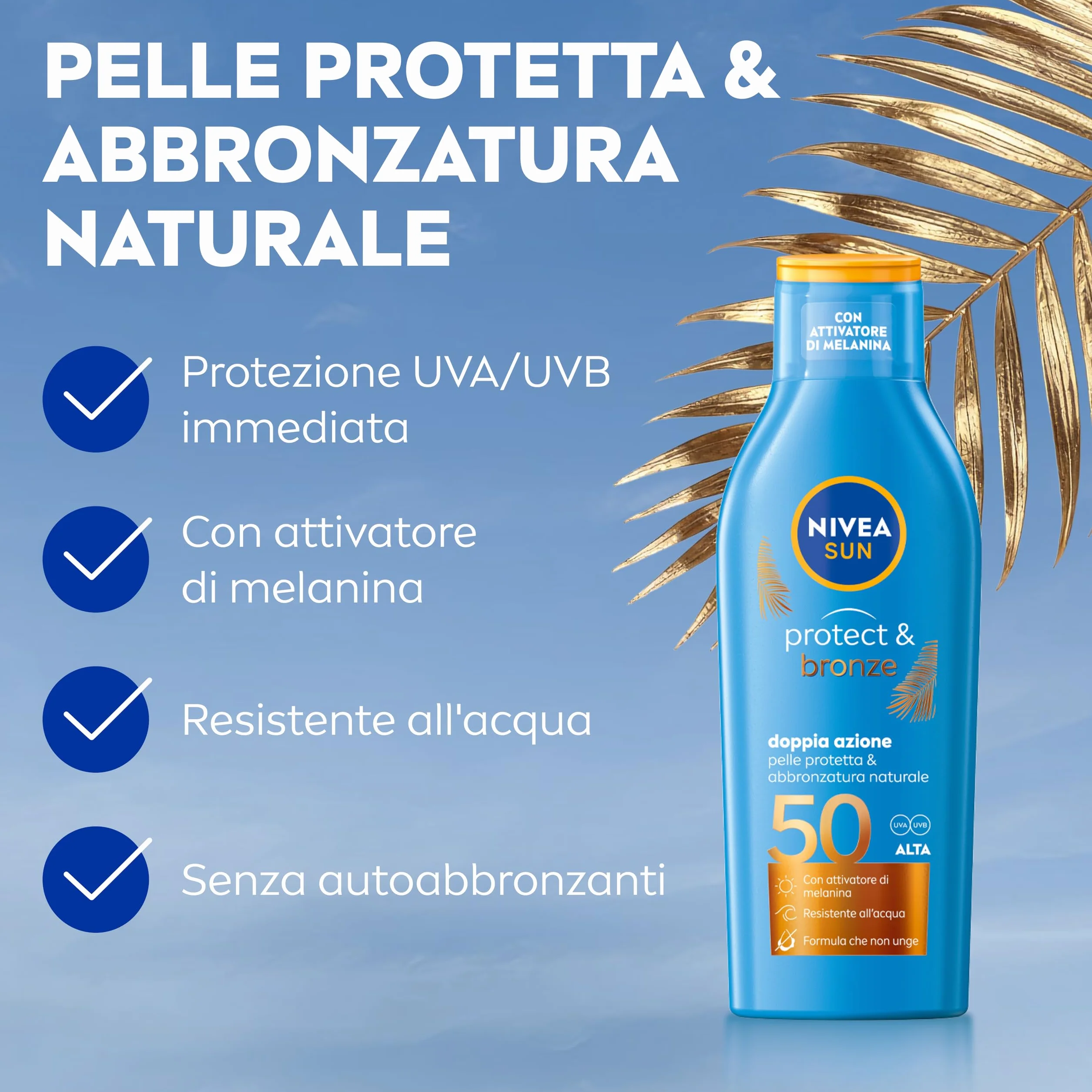 NIVEA SUN Latte Solare Protect & Bronze FP 50 200 ml, Crema solare 50 con attivatore di melanina