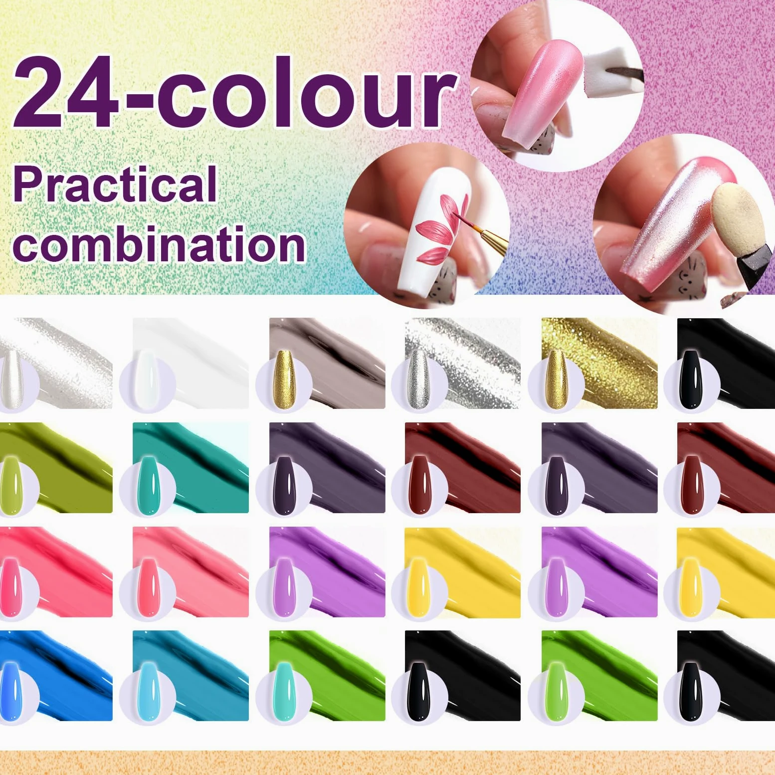 Smalto in Gel Gradient Painting, Set A con 24 Colori Ombre e 100 Pezzi di Spugna per Unghie e Pinzette per Manicure Francese Fai-da-Te, Arte delle Unghie