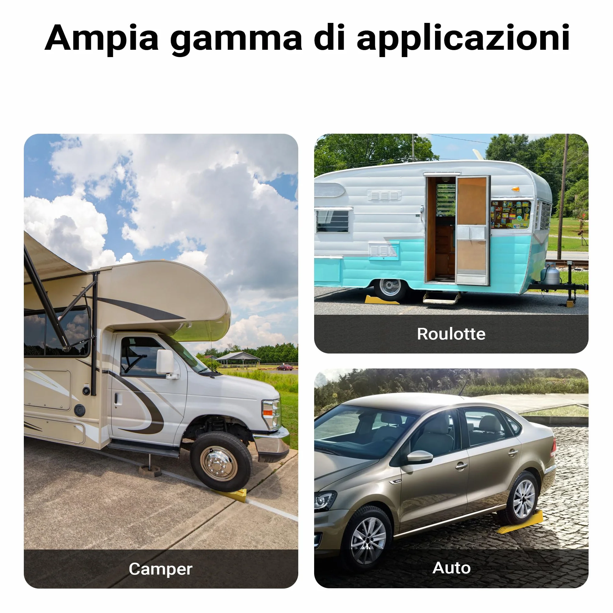 Cunei fermaruota Wiltec 3 altezze 40/70/100 mm Set 2 pezzi capacità carico 3 t per auto camper roulotte