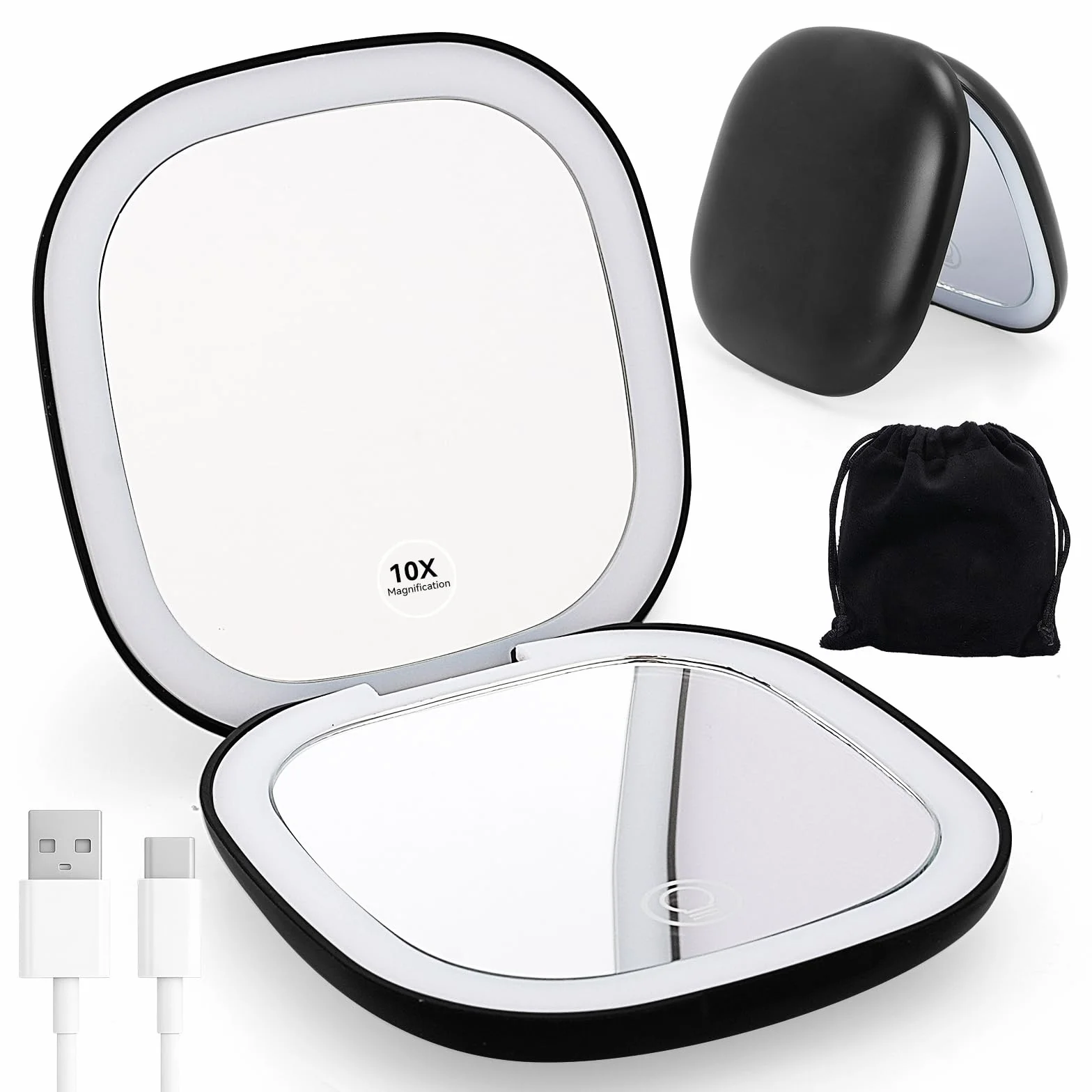 Specchio Portatile con Luce LED Ingranditore 1X/10X Regolabile Luminosità per Trucco Nero