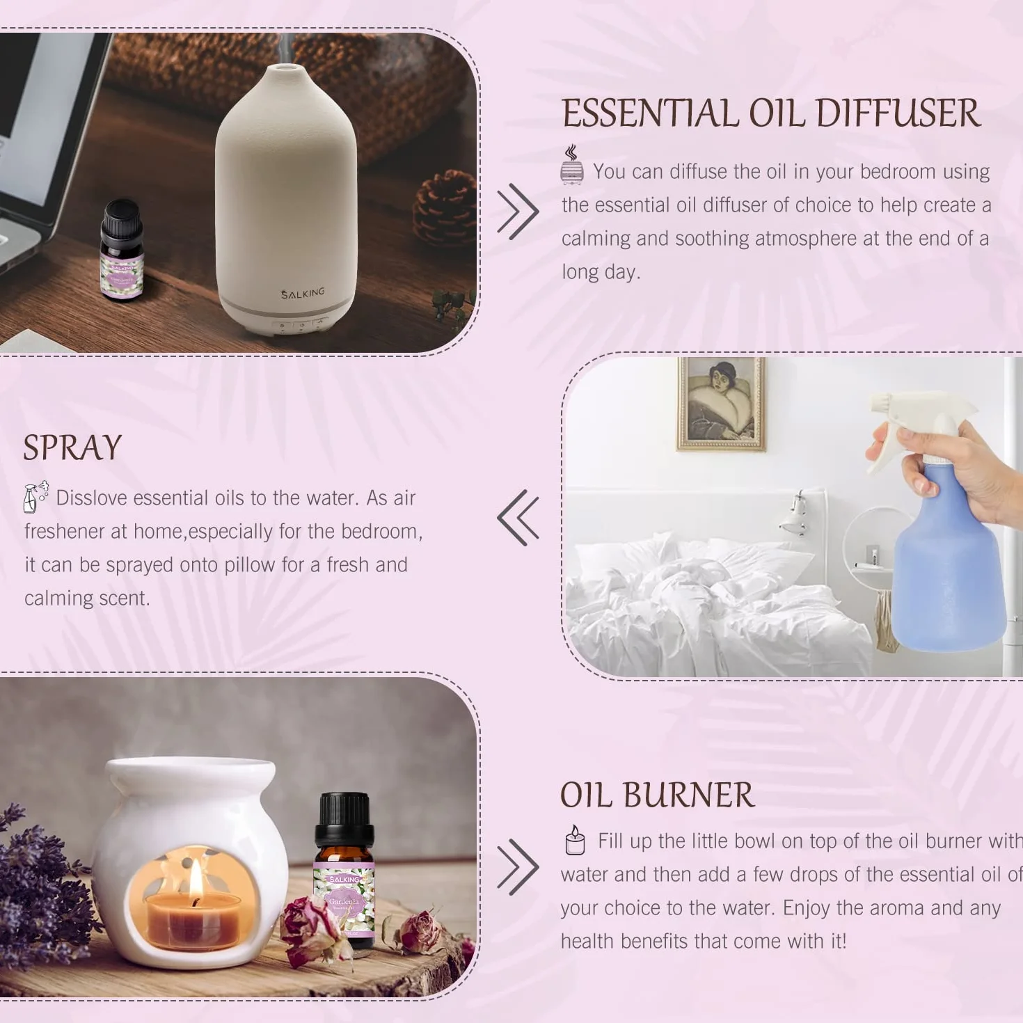Oli Essenziali Floreale per Diffusori 6x10ml, Set di Olio Essenziale Puri - Lavanda, Gelsomino, Rosa, Fiore di Ciliegio, Gardenia, Camomilla