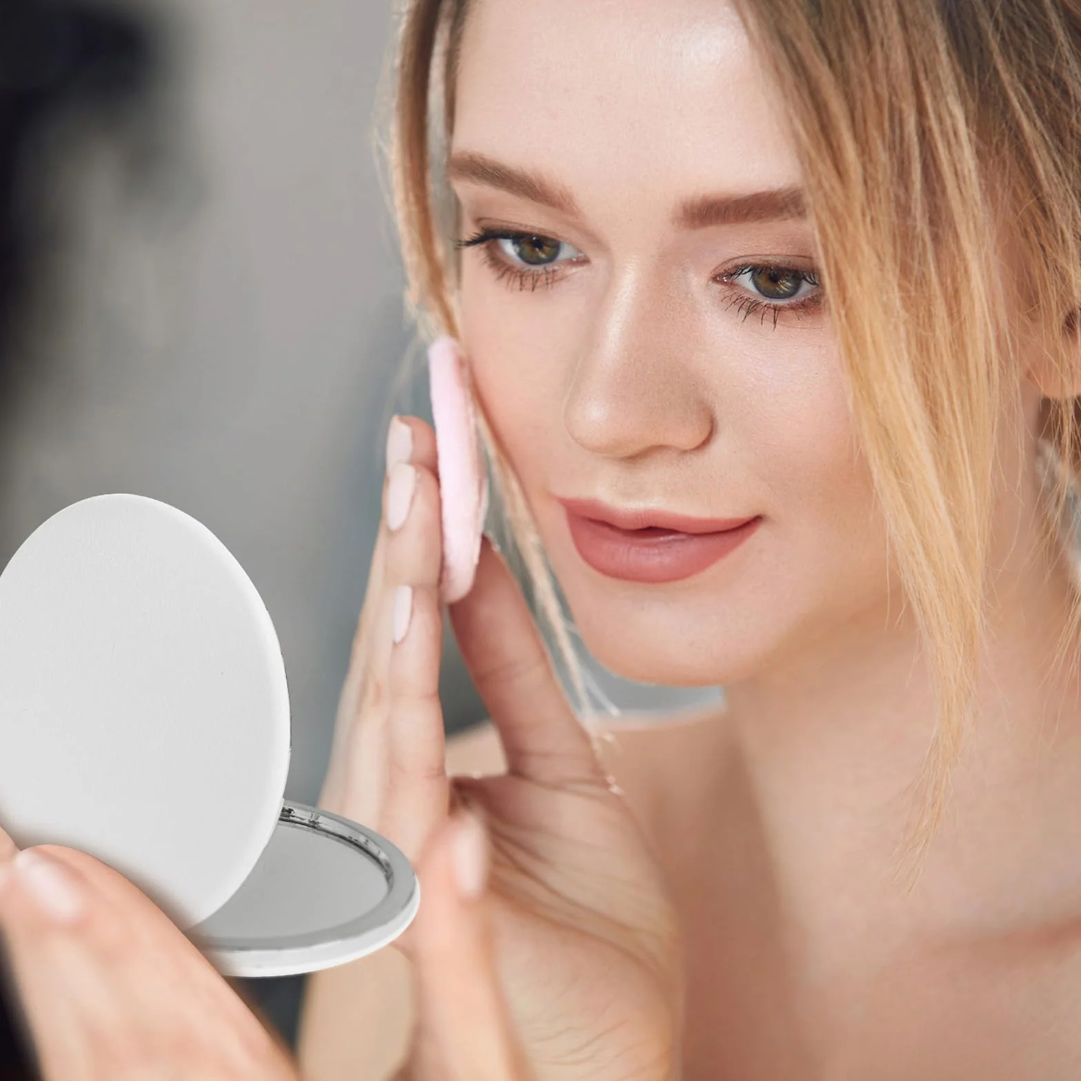 Specchio Compatto PU 2 Pezzi Mini Trucco Doppio Pieghevole Viaggio 73MM 80MM Bianco