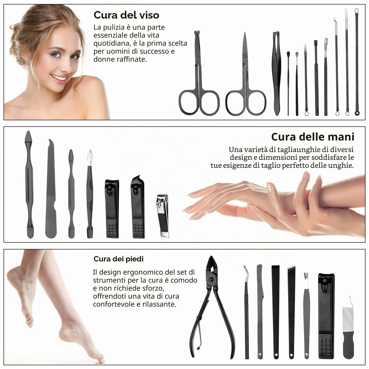 Set Manicure Professionale 26 Pezzi Tagliaunghie Pedicure Donna Uomo Nero