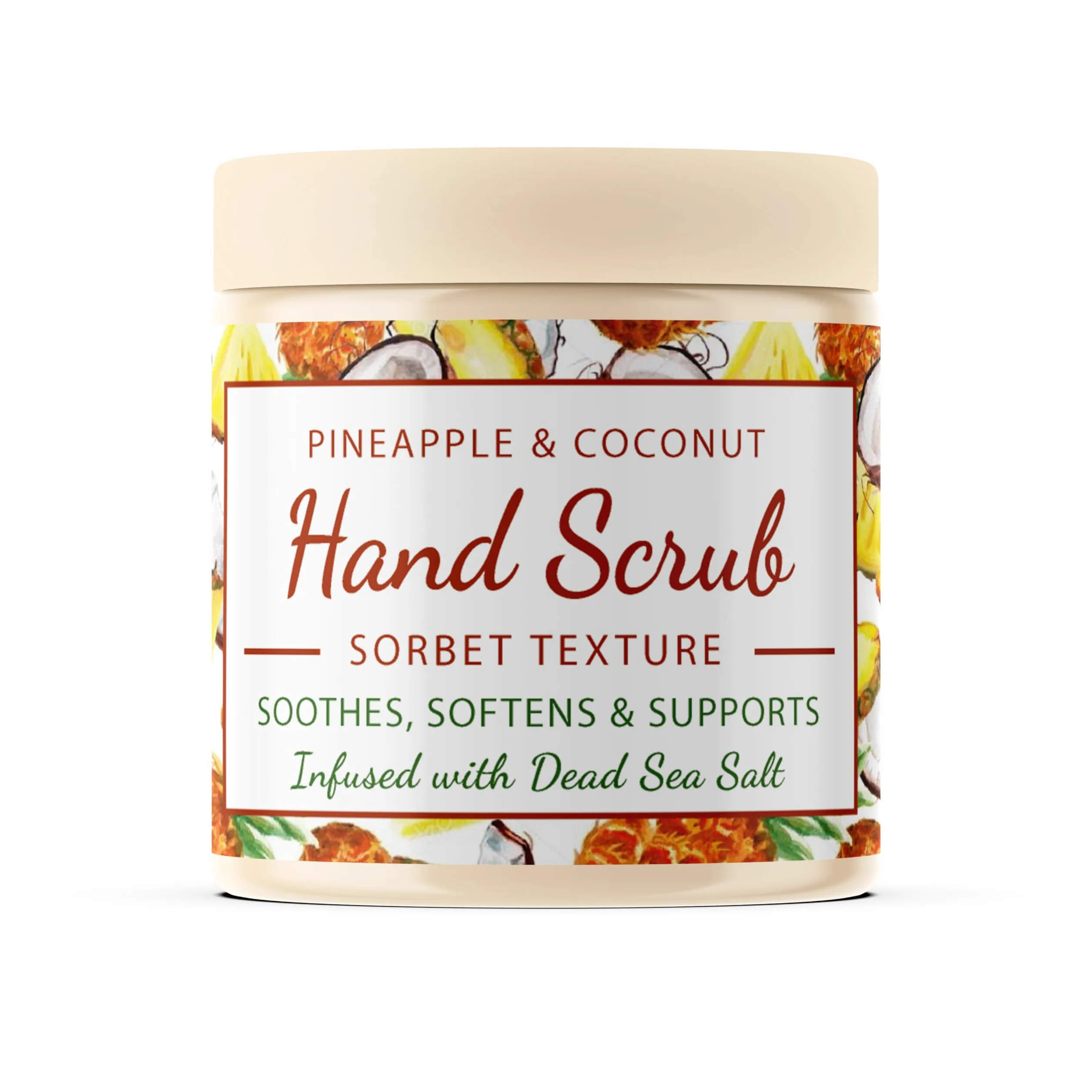CalmGrace Scrub esfoliante per le mani con sali del Mar Morto e profumo di ananas e cocco, esfoliante per le mani, texture sorbetto, 300 g, arricchito con olio di avocado e vitamina E, C
