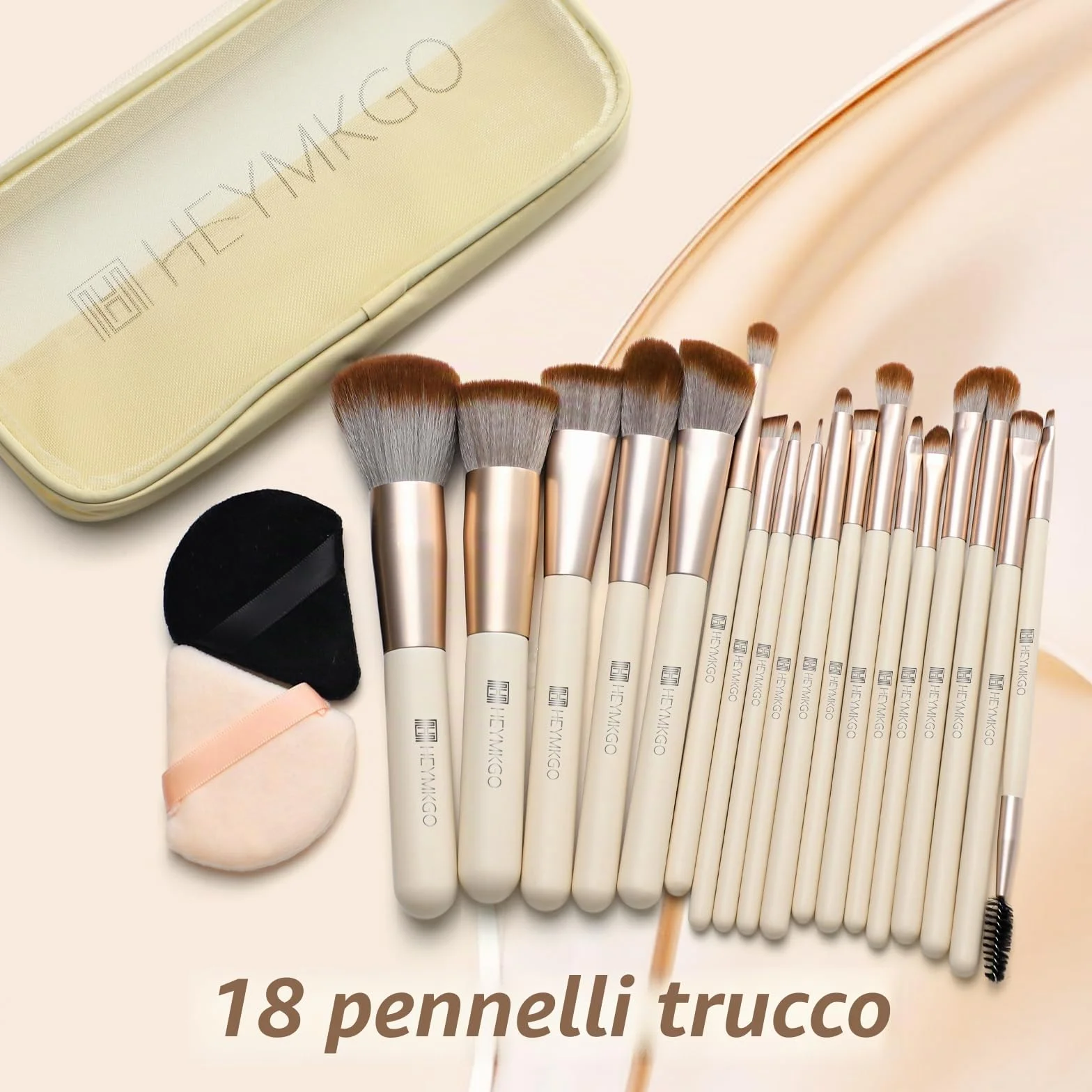Pennelli Make Up HEYMKGO 18 pezzi pennelli per il trucco professionale con 2 soffietti per la polvere e borsa da viaggio, pennello sintetico premium per il fondotinta pennello per il viso e ombretto