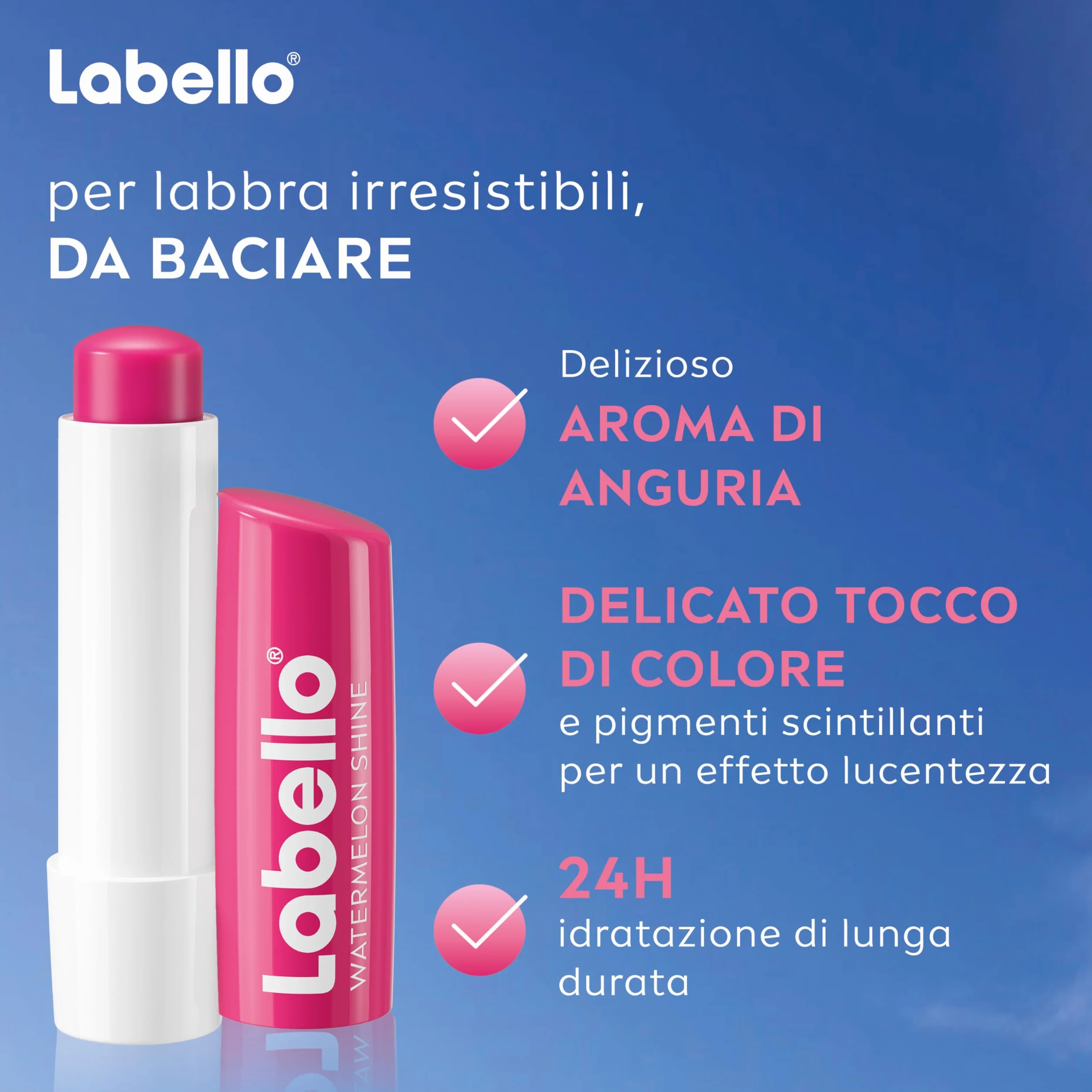 Labello Watermelon Shine Burrocacao labbra 4.8 g, Balsamo labbra colorato e nutriente all'aroma di Anguria con pigmenti scintillanti, Lip balm idratante per 24 ore con ingredienti di origine naturale