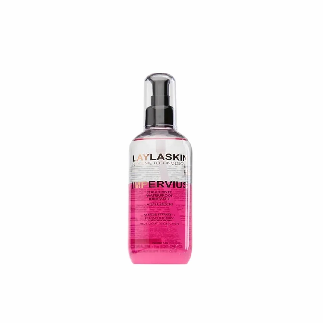 Layla Cosmetics LAYLASKIN IMPERVIUS - Struccante Waterproof Occhi e Viso Bifasico per Pelli Sensibili e Intolleranti, Detersione Profonda e Idratazione, olio di Jojoba ed estratto d'Orzo. 250 ml