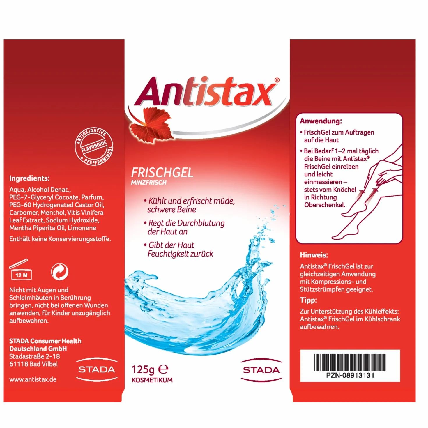 Antistax Fresh Gel, Crema Gambe Gonfie, Crema Gambe Stanche, Estratto Vite Rossa, Mentolo, Olio Essenziale Menta, 1 Confezione 125 ml