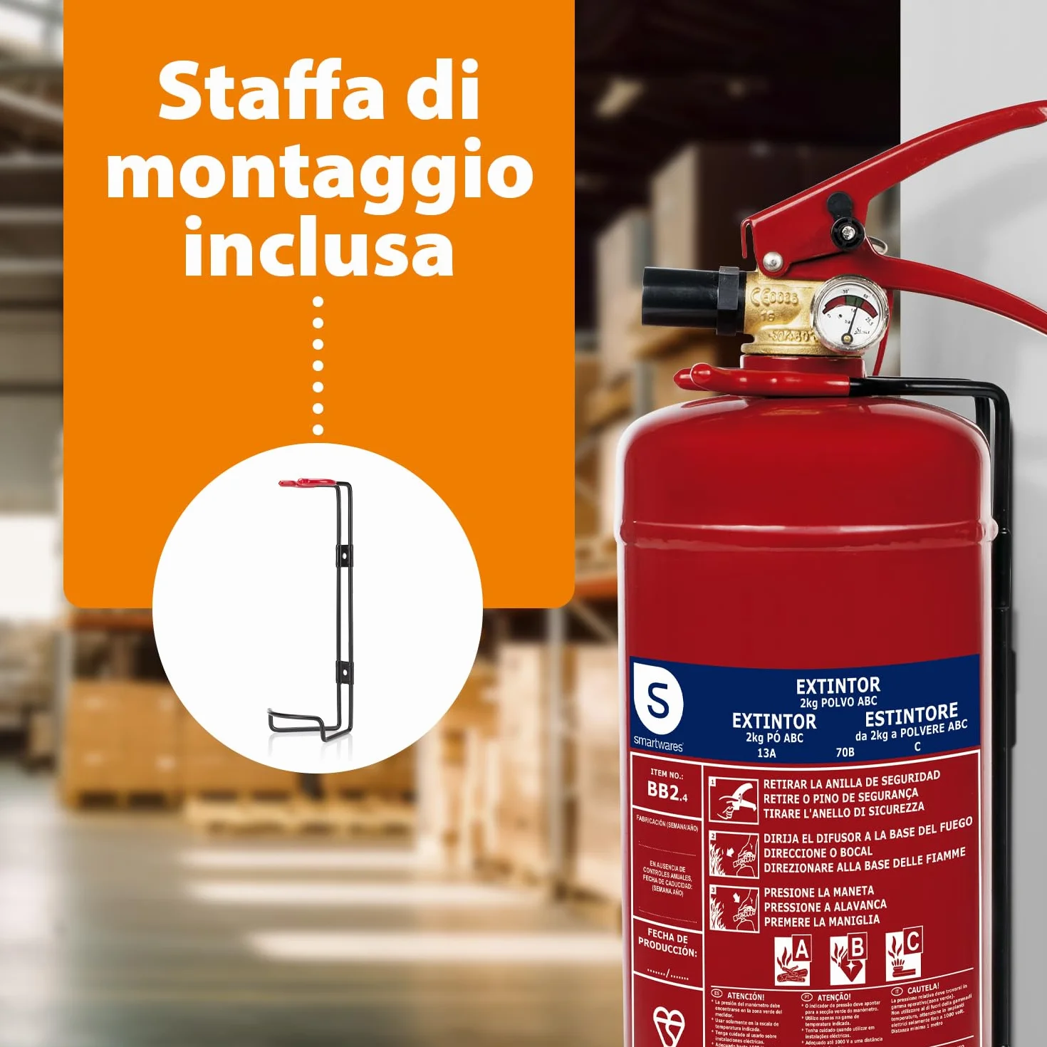 Smartwares Estintore a polvere 2 kg ABC per veicoli abitazioni con staffa di montaggio