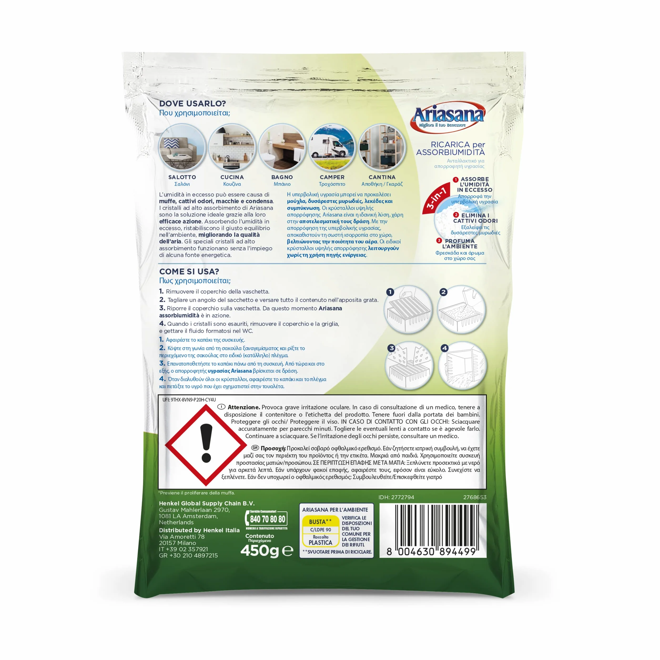 Ariasana Ricarica in Sali Assorbiumidità Fragranza Agrumi 1 Busta da 450 Grammi Assorbono Efficacemente l'Eccesso di Umidità