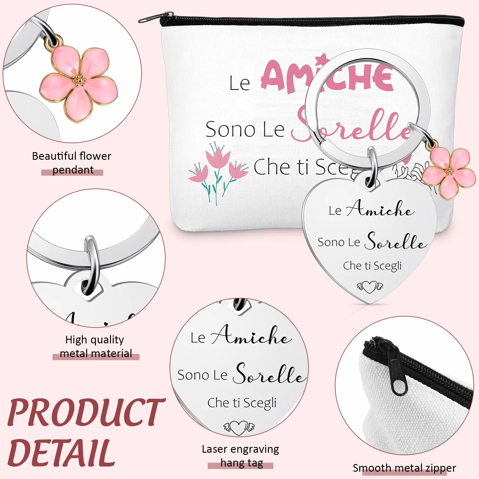 Weewooday Set Regalo per Migliore Amica e Sorella 1 Borsa per Cosmetici 1 Portachiavi dell'Amicizia con Ciondolo a Forma di Fiore Pochette per Trucchi Borsa Toilette Beauty Case per Compleanno