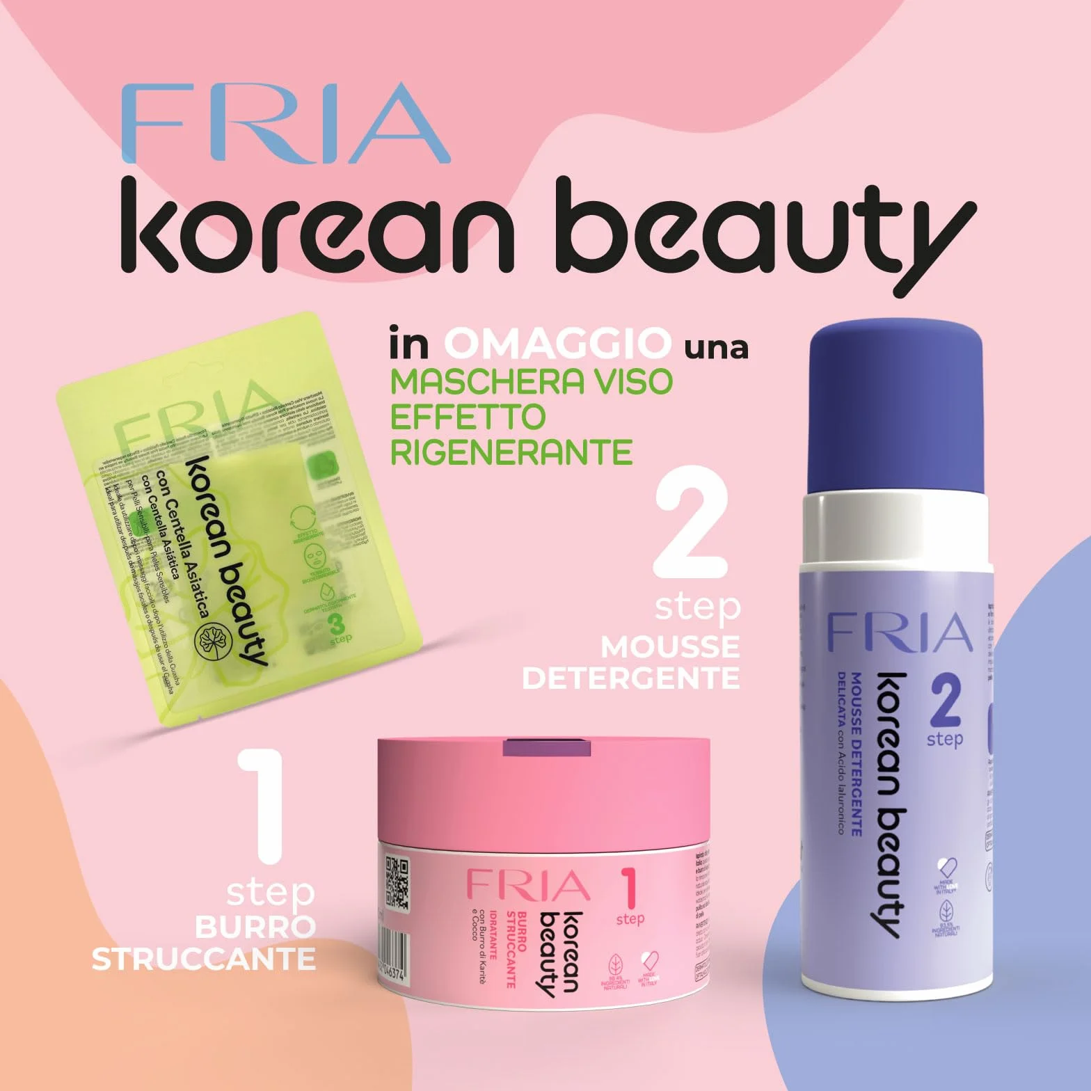 Fria Korean Beauty Kit Doppia Detersione, Burro Struccante + Mousse Detergente + Maschera Viso Rigenerante