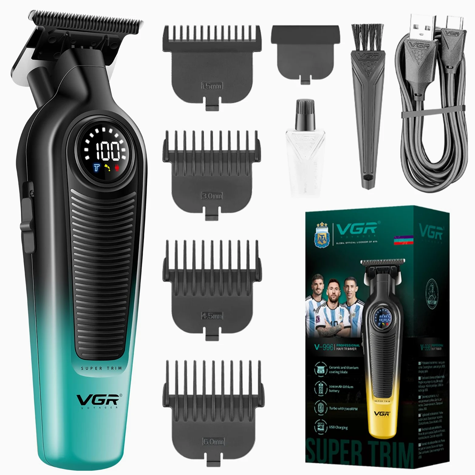 VGR 996 Konturen - Tagliacapelli professionale, senza fili, da uomo, con turbocompressore da 7000 giri/min, con lame rivestite in ceramica e titanio, indicatore LED e funzione di ricarica USB, verde