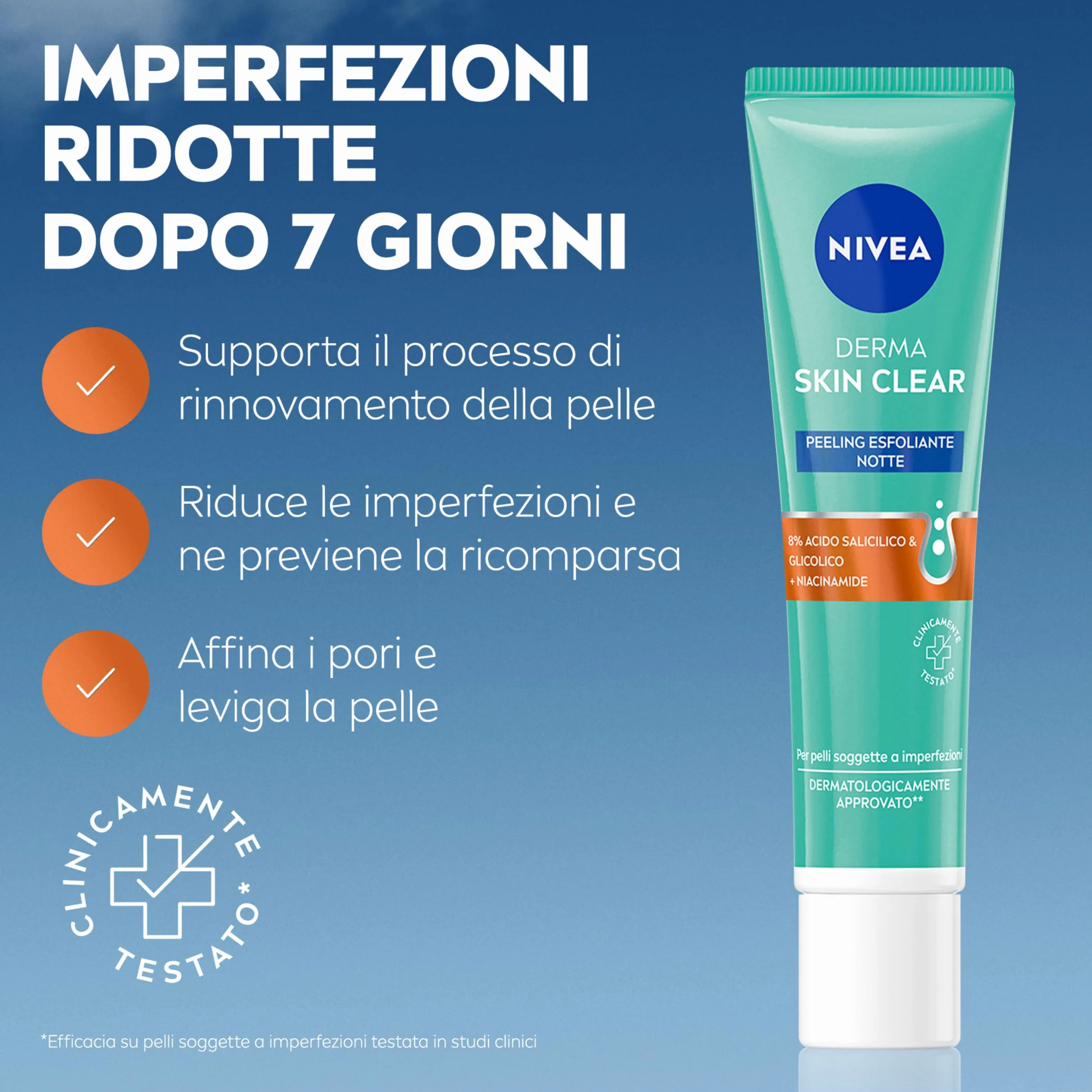 NIVEA Derma Skin Clear Peeling Anti-Imperfezioni 40 ml, Peeling viso esfoliante per la cura della pelle mista con Acido Glicolico, Acido Salicilico e Niacinamide, Esfoliante viso purificante