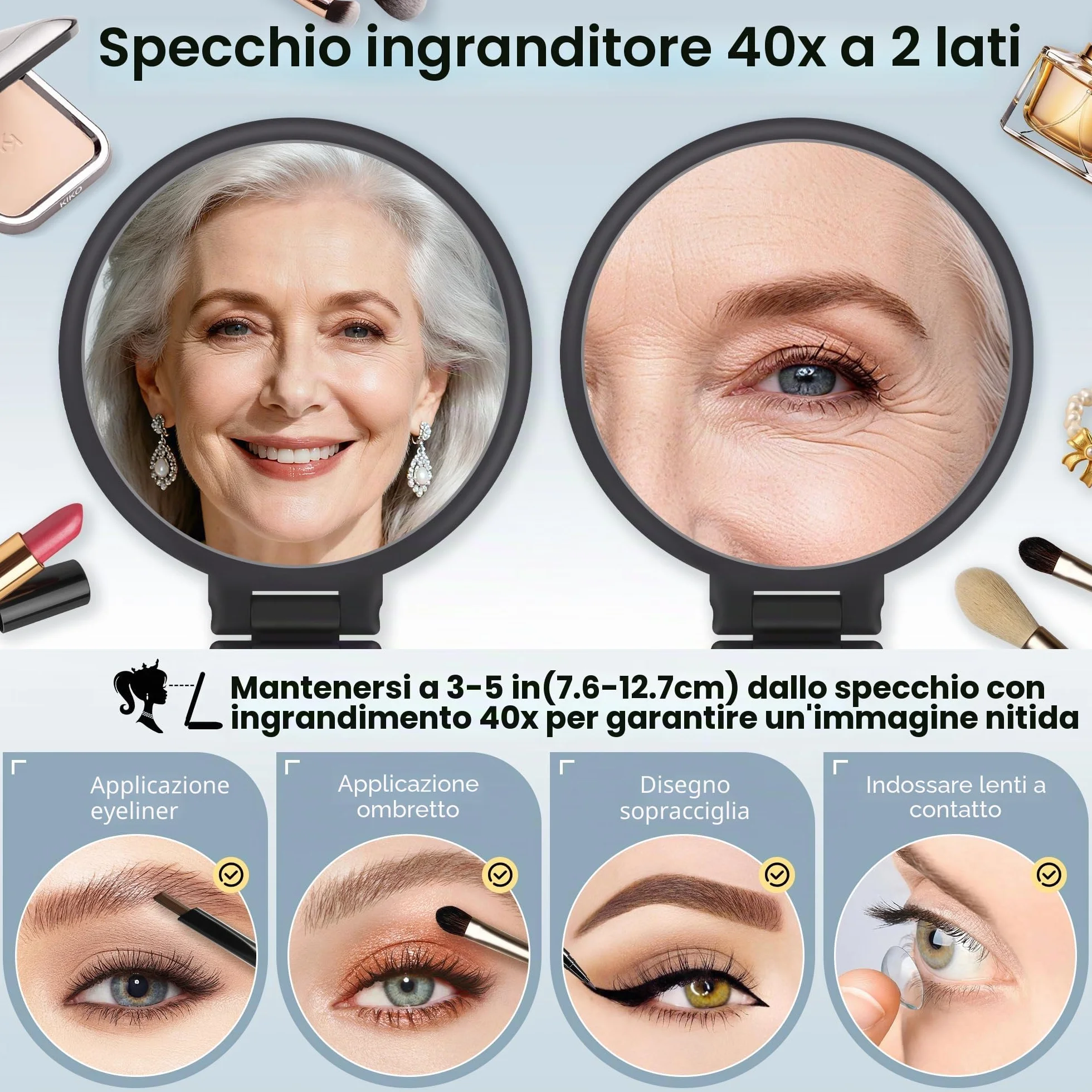 MIYADIVA Specchio con Ingrandimento 40X, Specchietto per Trucco Doppia Faccia, Portatile Pieghevole Nero