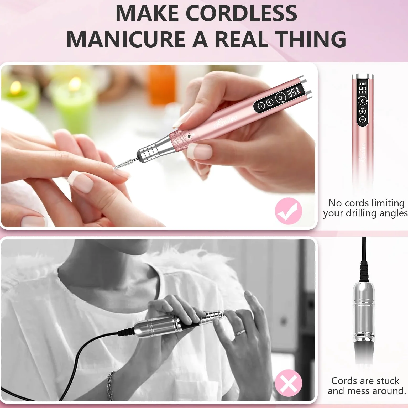 Kredioo Fresa per Unghie Professionale 35000RPM, Cordless e Ricaricabile | LED, Portatile Trapano Elettrico, Lima Elettrica per Manicure e Pedicure, Kit 6 Punte Fresa Unghie, Rosa