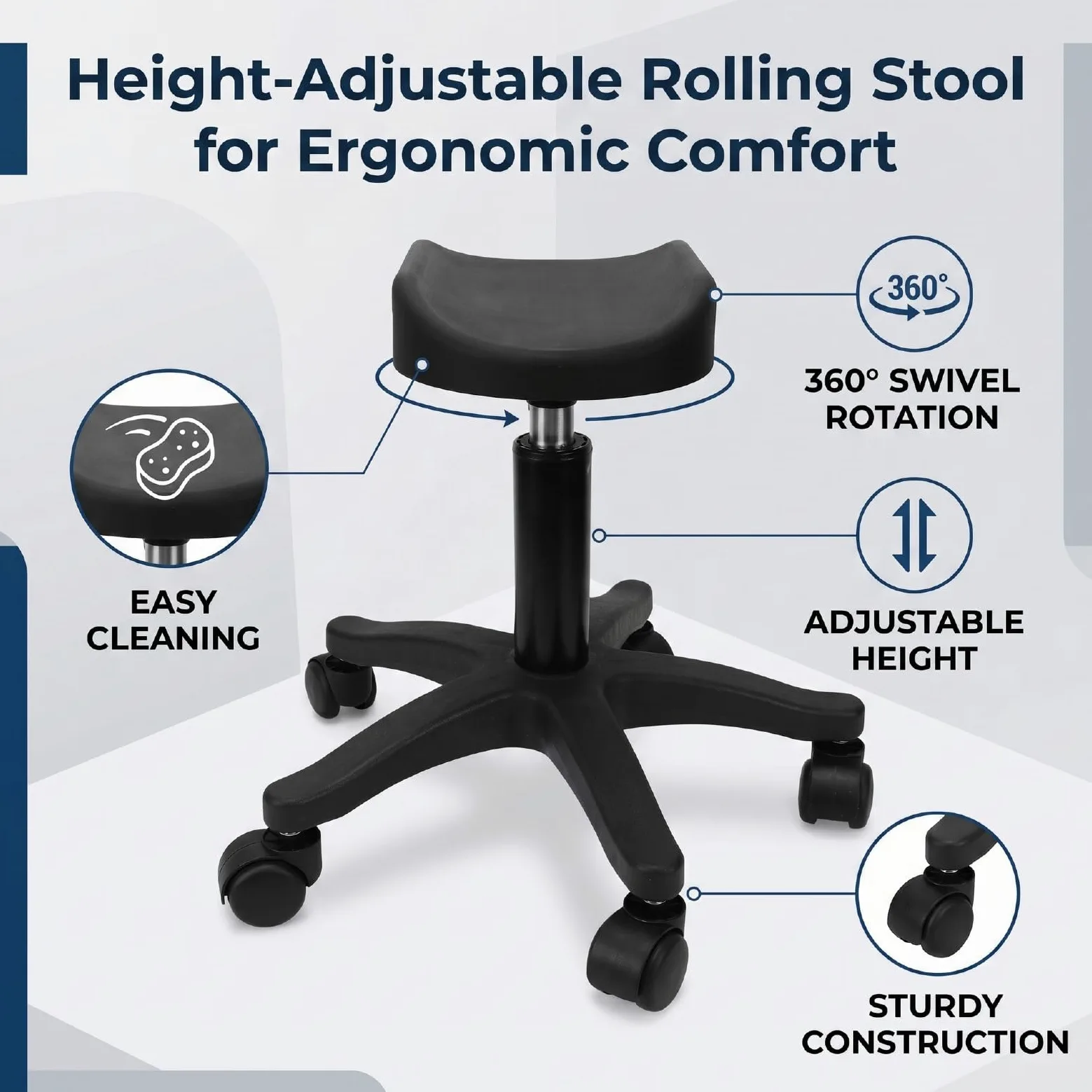 Brrnoo Sgabello per Pedicure con Rotelle Regolabile Sedia Girevole per Unghie a 360 Gradi Altezza 16,54-20,47 Pollici ABS in Acciaio Inossidabile per Uso Domestico in Salone