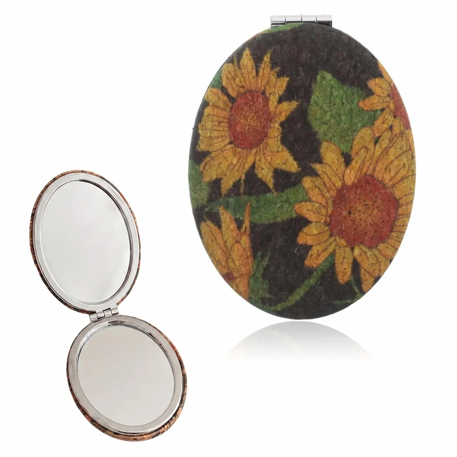 Specchio da Borsa Pieghevole con Girasole, Specchietto Trucco Portatile Vintage in Metallo e Vetro, Nero e Giallo