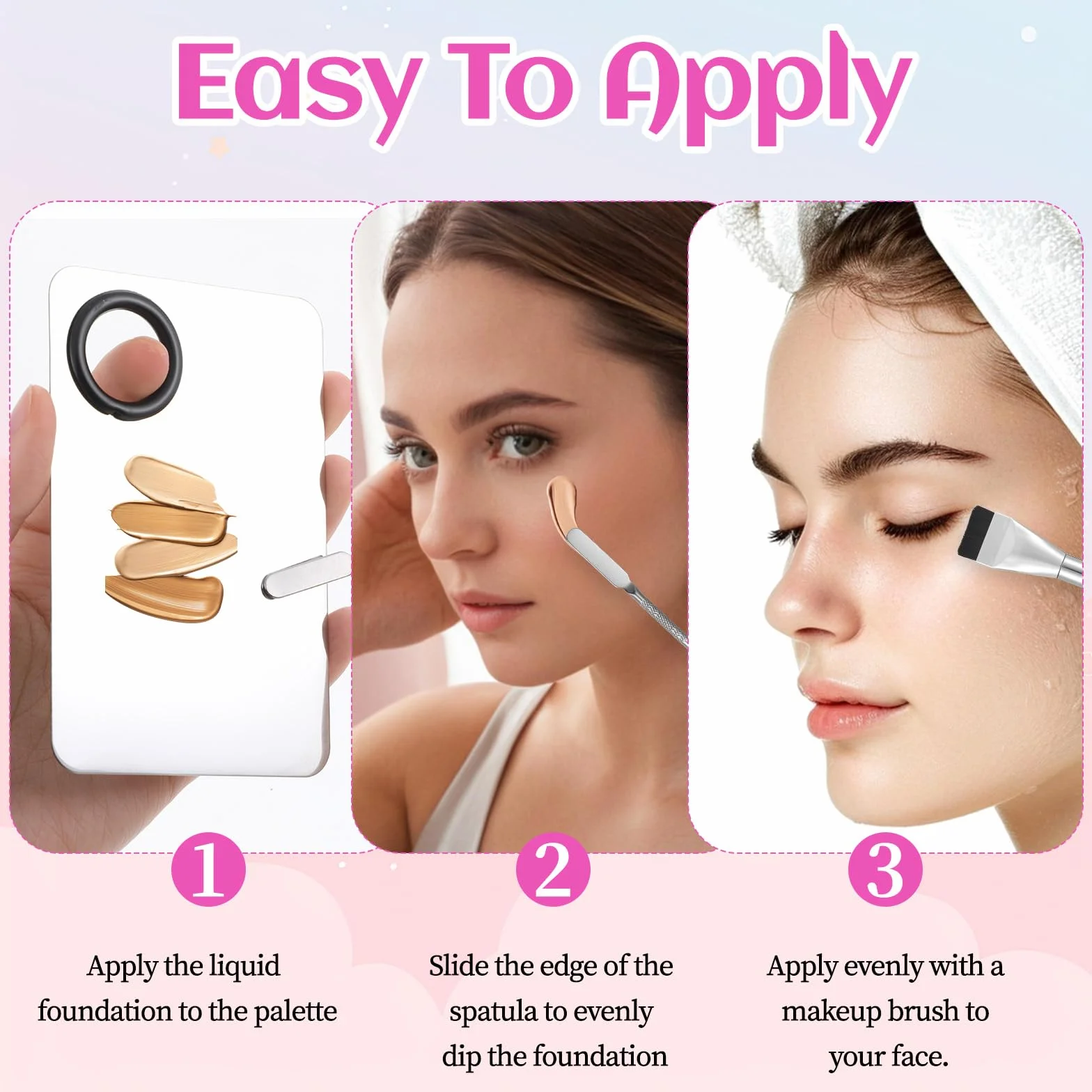 JJUNW Set di 3 tavolozze per make-up in acciaio inox, con spatola e pennello per fondotinta, tavolozza di miscelazione cosmetica per fondotinta