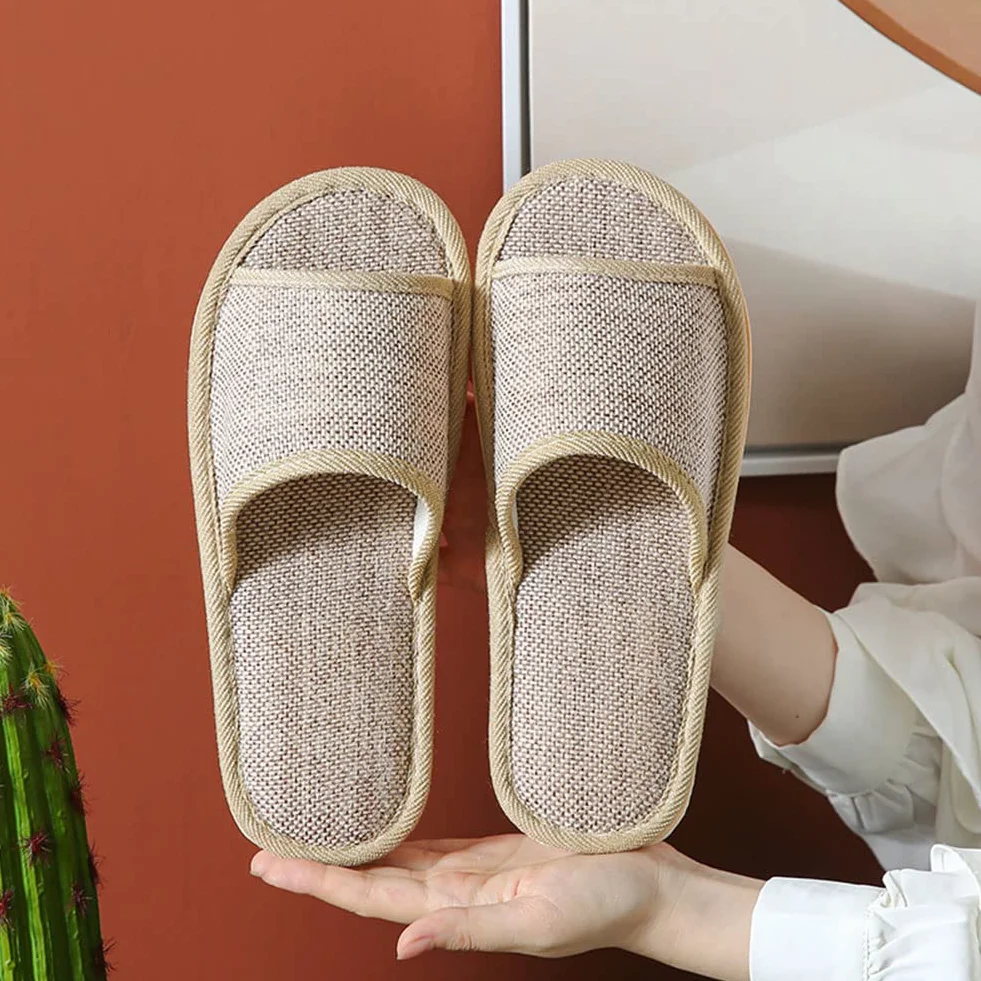 Set di 6 paia di pantofole in lino, per ospiti, con punta aperta, pantofole da bagno, antiscivolo, lavabili