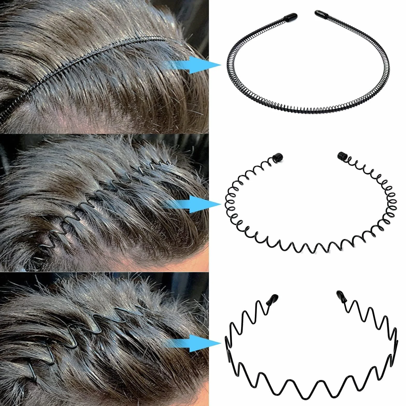 Hanyousheng 6 Pezzi Cerchietti per Capelli, Unisex Cerchietto in Metallo, Cerchietto Fasce per Capelli Fascia Ondulata Nero, Multiplo Stile Antiscivolo Cerchietto, Adatto per Sport, Yoga, Trucco