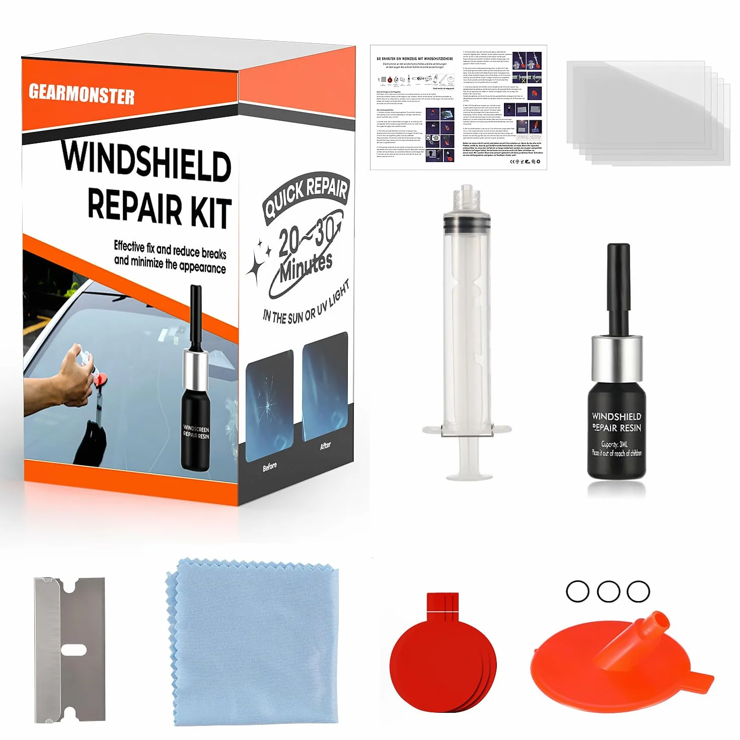 GEARMONSTER Kit riparazione parabrezza auto, liquido riparazione vetro scheggiature crepe graffi