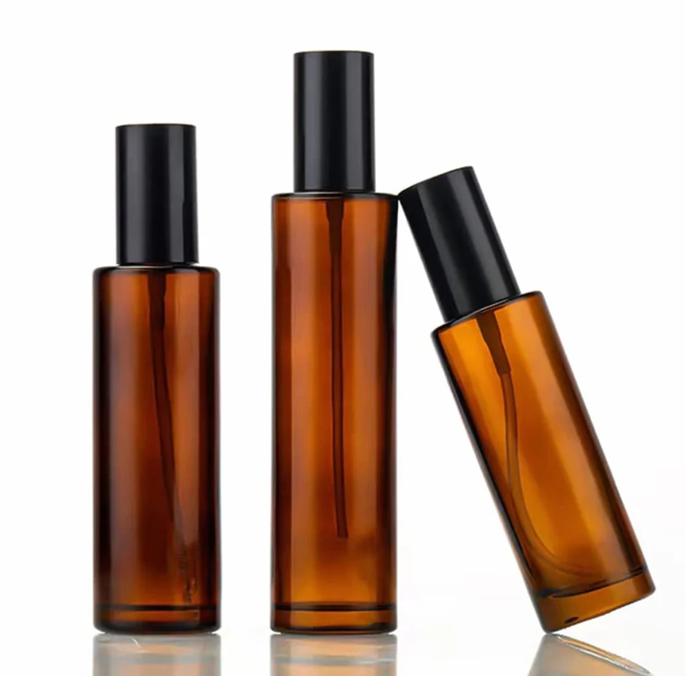 2 flaconi vuoti da 100 ml, ricaricabili, in vetro ambrato, con erogatore a pompa, dispenser di sapone con tappo nero, per fondotinta, crema, trucco, olio, shampoo