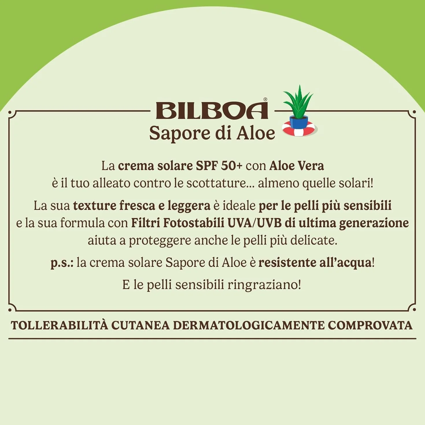 Bilboa Sapore di Aloe Crema Solare Viso SPF 50+ 40 ml Resistente all’Acqua Pelli Sensibili