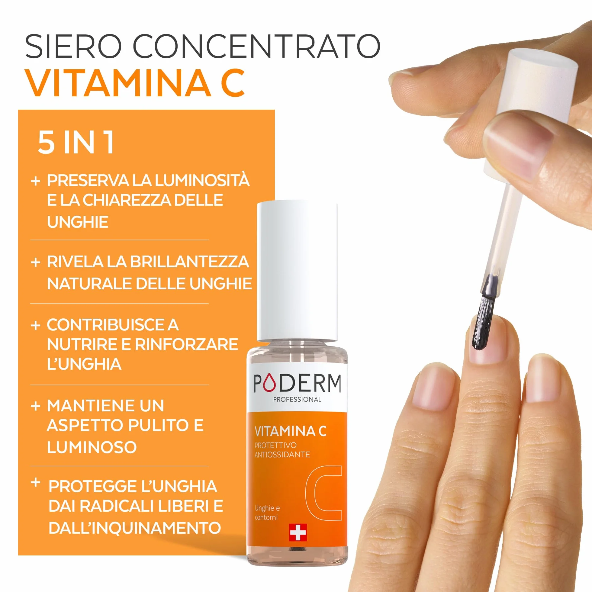 PODERM 5 in 1 Siero Booster Unghie – Vitamina C | Trattamento Illuminante e Antiossidante per Unghie Opache – 6 ML | Nutre e Rinforza L'unghia | 100% naturale – Sviluppato da un Podologo in Svizzera