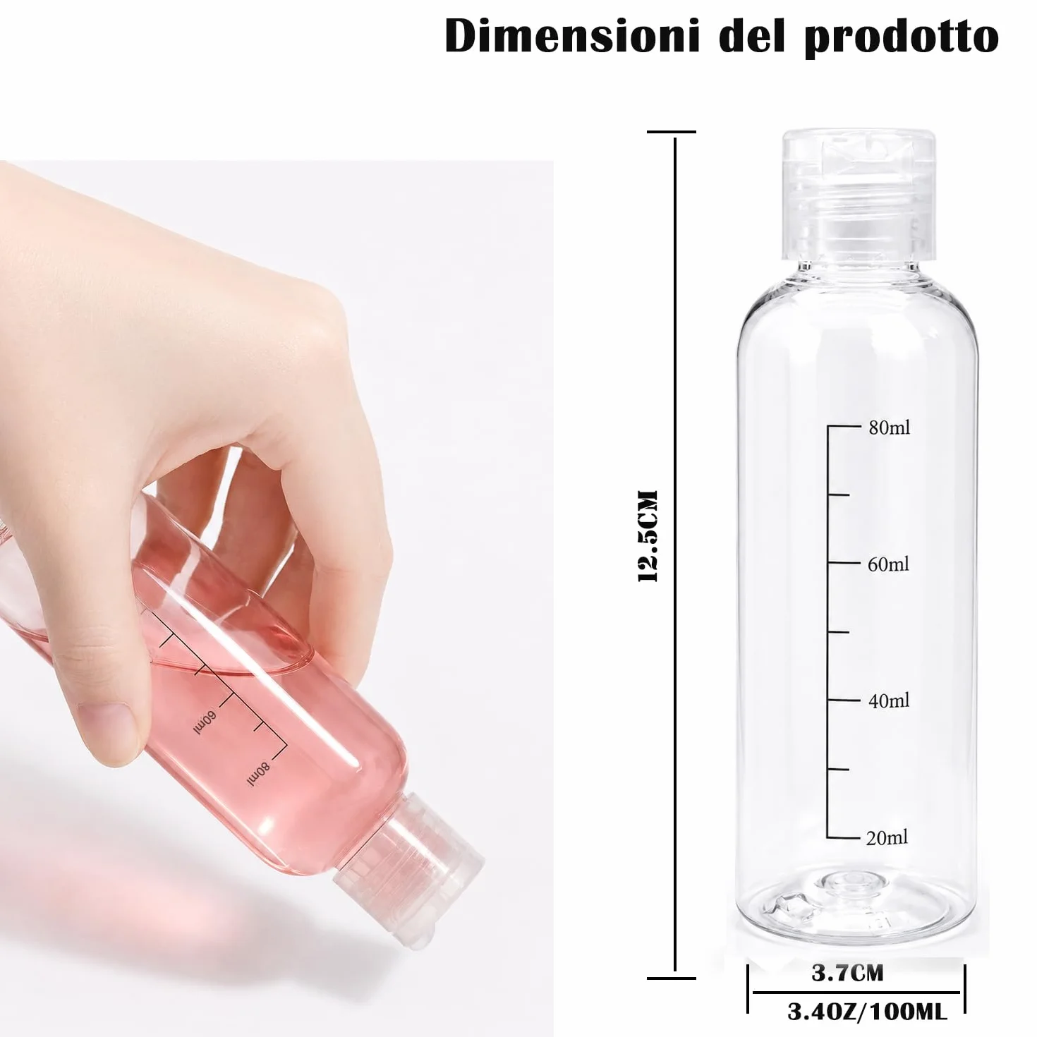 Bottiglie da viaggio 100ml,5 PCS flaconi da viaggio vuoti trasparenti per aereo,Kit Contenitori Viaggio Liquidi in plastica, flacone trasparente per shampo ，lozione， tonico viso, gel,Olio solare