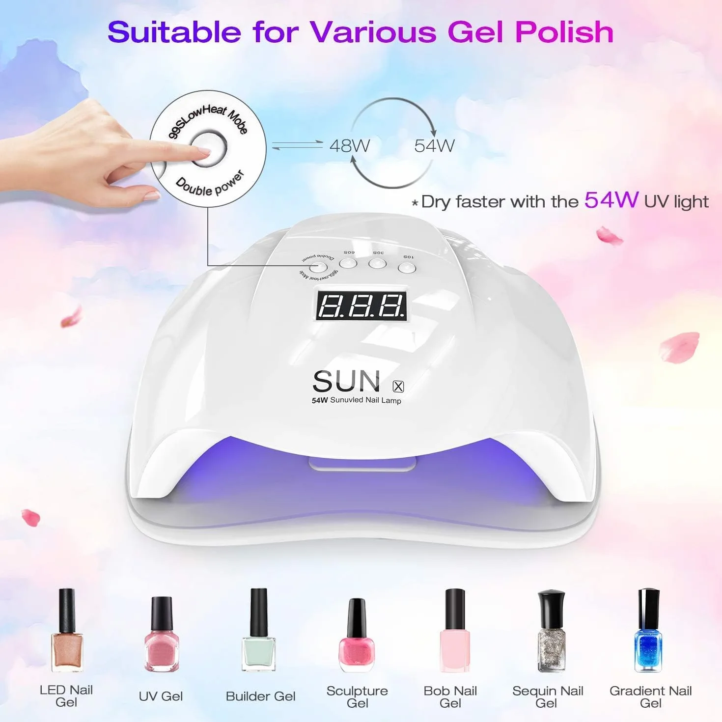SQUADO Lampada UV LED per Unghie, 54W, Display Digitale, 4 Timer, Lampada Unghie Professionale per Manicure e Pedicure, Sensore Automatico, Bianco