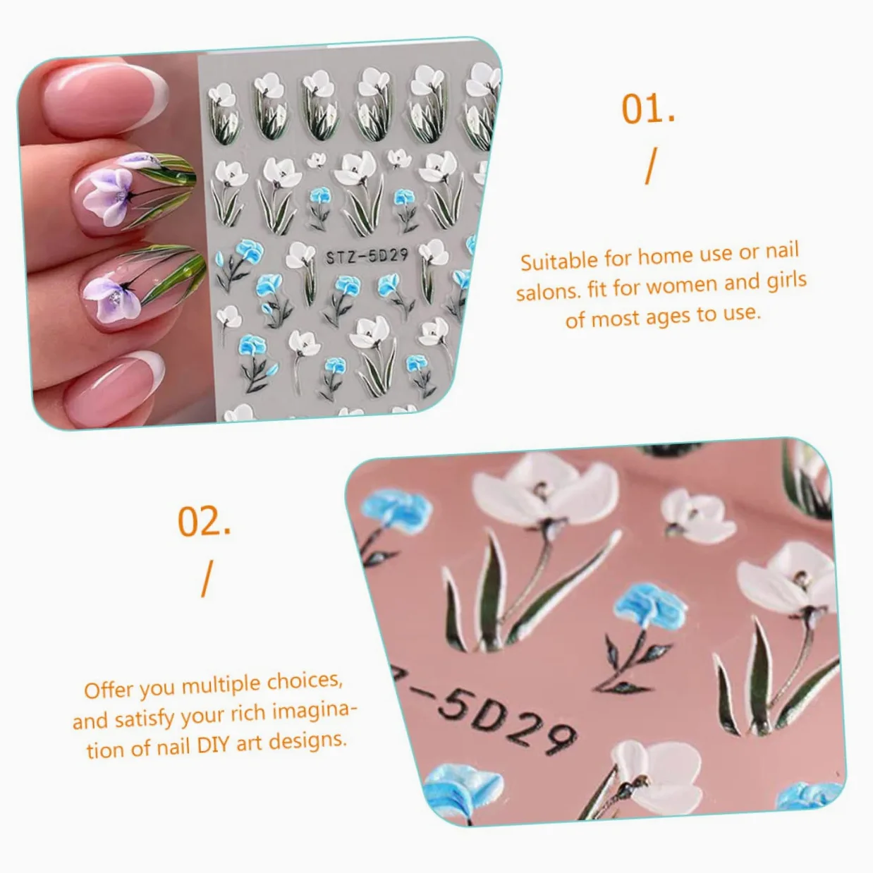Healeved 30fogli Adesivi Per Unghie Floreali Decorazioni Per Nail Art Embossed Facili Applicare Su Unghie e Lisce Per e