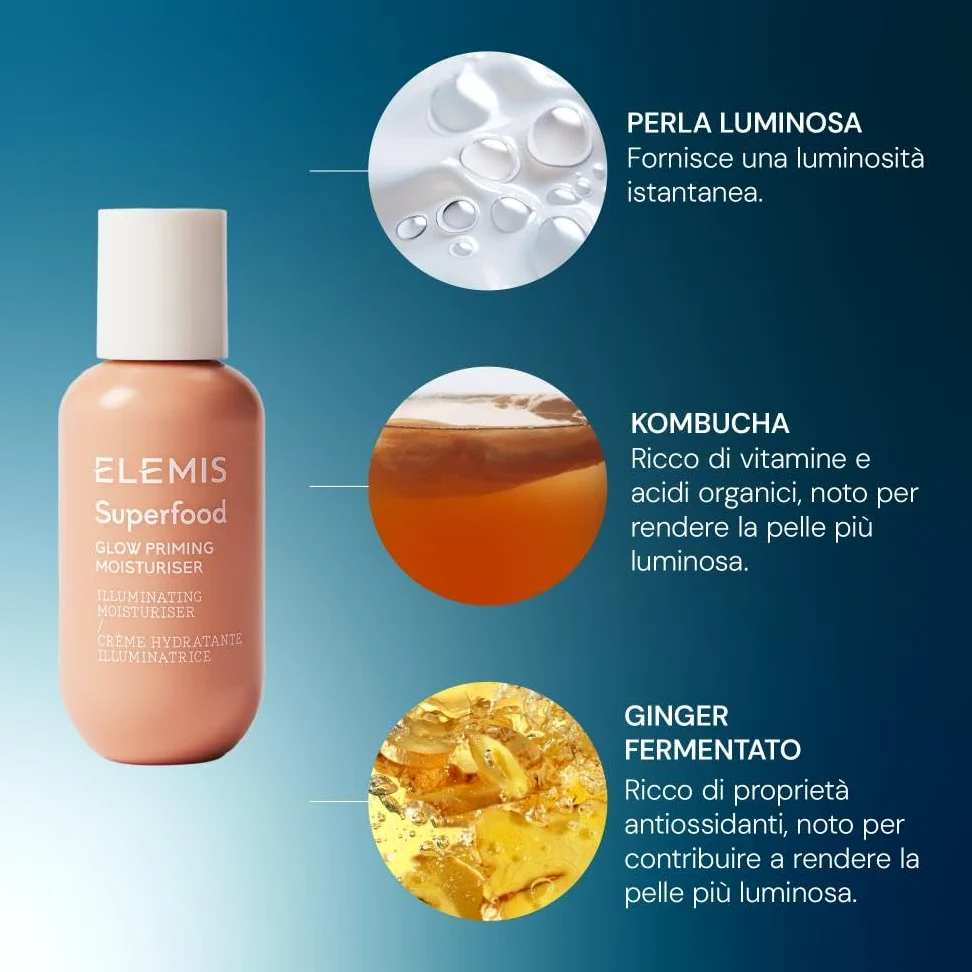ELEMIS Superfood Glow Priming, Crema Viso Colorata Illuminante 60ml | Crema idratante colorata clinicamente testata con kombucha e microminerali che leviga e illumina l’incarnato