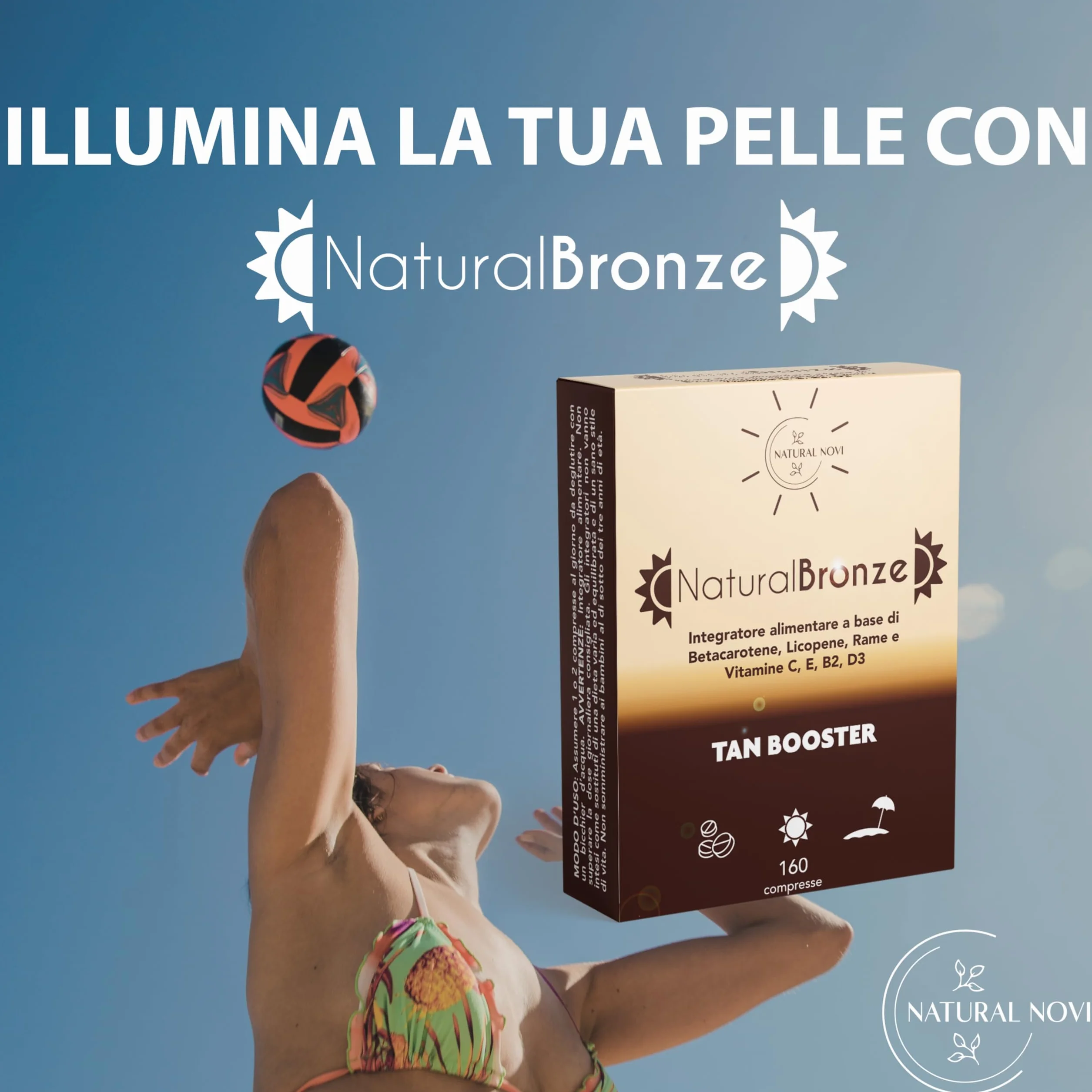 NaturalBronze Integratore Abbronzatura 160 compresse Betacarotene Licopene Rame Selenio Vitamine B C D E