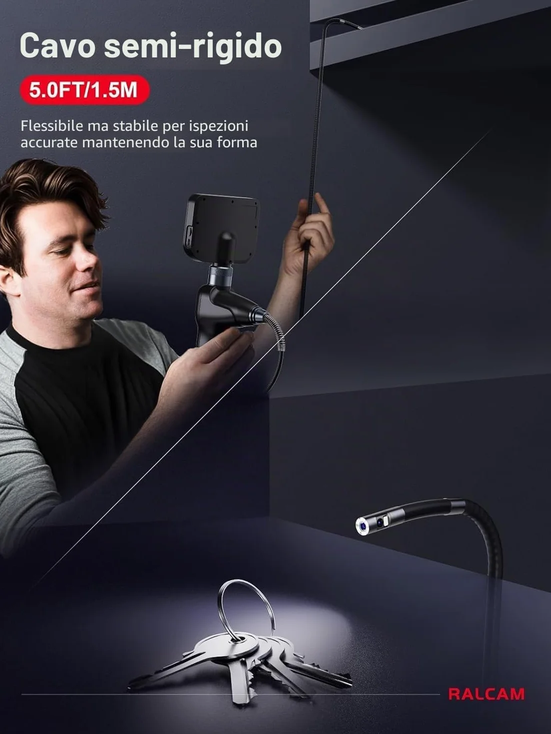 Ralcam Telecamera Endoscopica 360° a Doppio Obiettivo, Schermo HD 5", Sonda 6,5 mm, Impermeabile IP67, 6+1 LED, Cavo 1,5 m