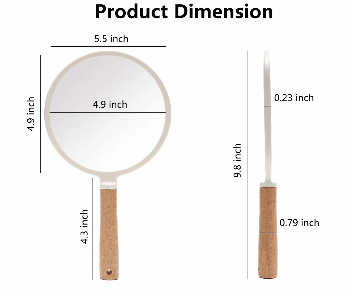 YEAKE Specchio a mano con manico per trucco, piccolo specchio in legno carino per rasatura con foro da appendere su un lato, portatile, da viaggio, per uomini e donne (rotondo)