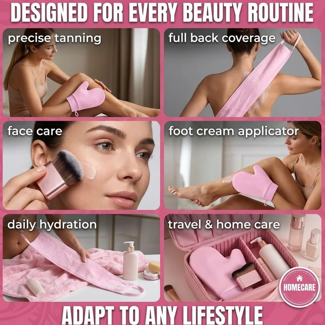 Guanti Autoabbronzante 3 Pezzi Applicatore Crema Faccia Corpo Riutilizzabili Abbronzatura Uniforme Naturale Rosa
