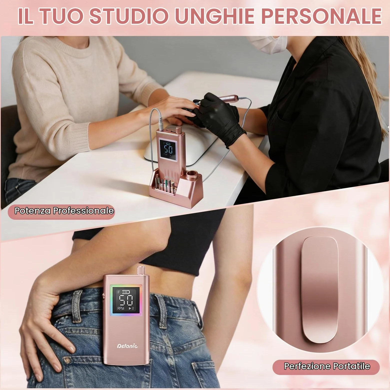 Delanie Fresa per Unghie Professionale 50000 Giri con Stazione di Ricarica, Lima Elettrica per Unghie Senza Fili per Acrilico e Gel, Autonomia 10 Ore, Funzione Pausa, 12 Punte Incluse