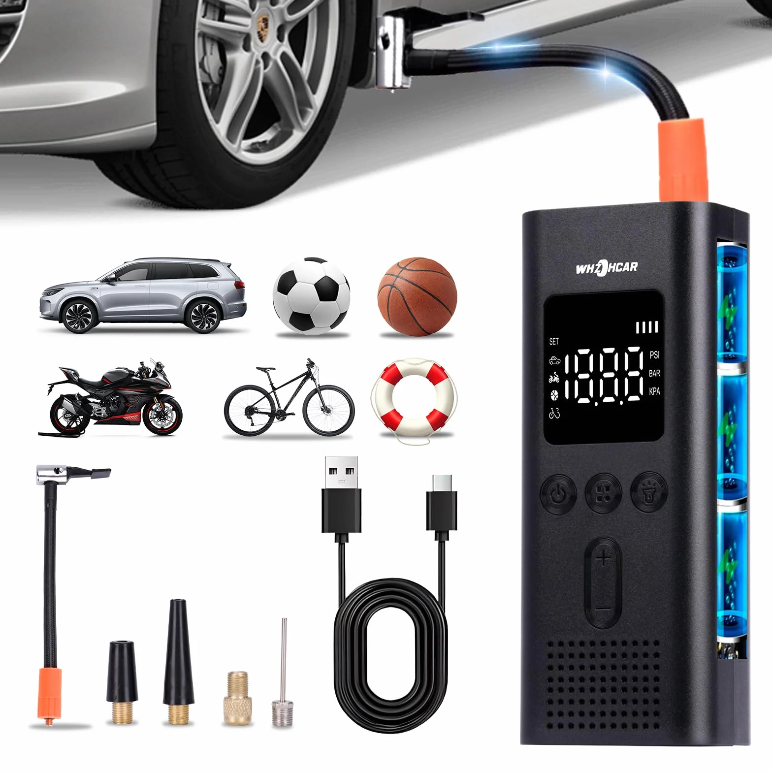 Compressore Aria Portatile Auto 6000mAh 150PSI Mini Compressore Portatile per Auto con Display Digitale e Luce LED Pompa Elettrica per Bicicletta, Auto, Moto, monopattino, Palloni