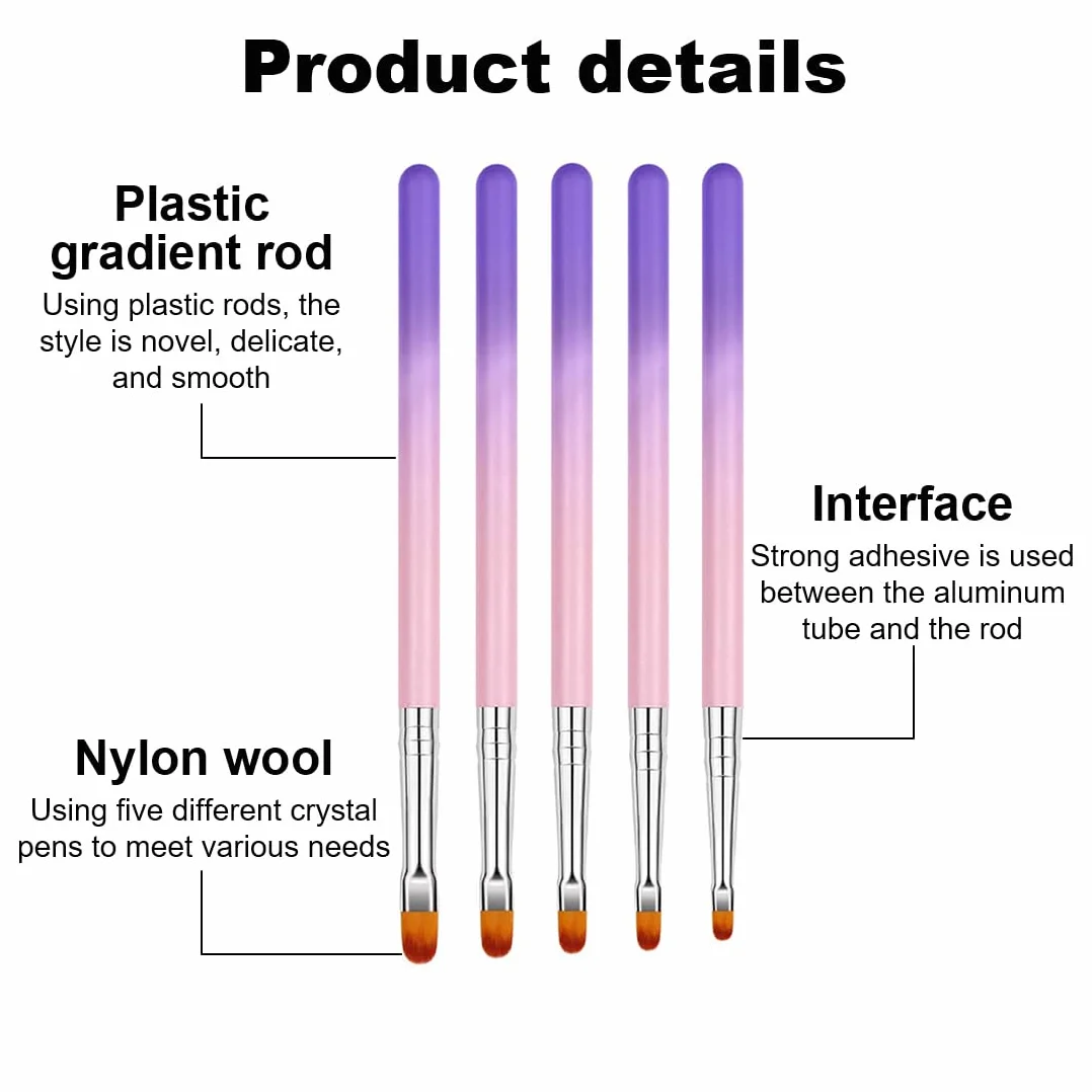 Set di 5 pennelli per unghie – Pennello professionale in gel e acrilico per unghie – Pennello gel per nail art – Pennello acrilico per unghie – Set di pennelli per unghie in gel