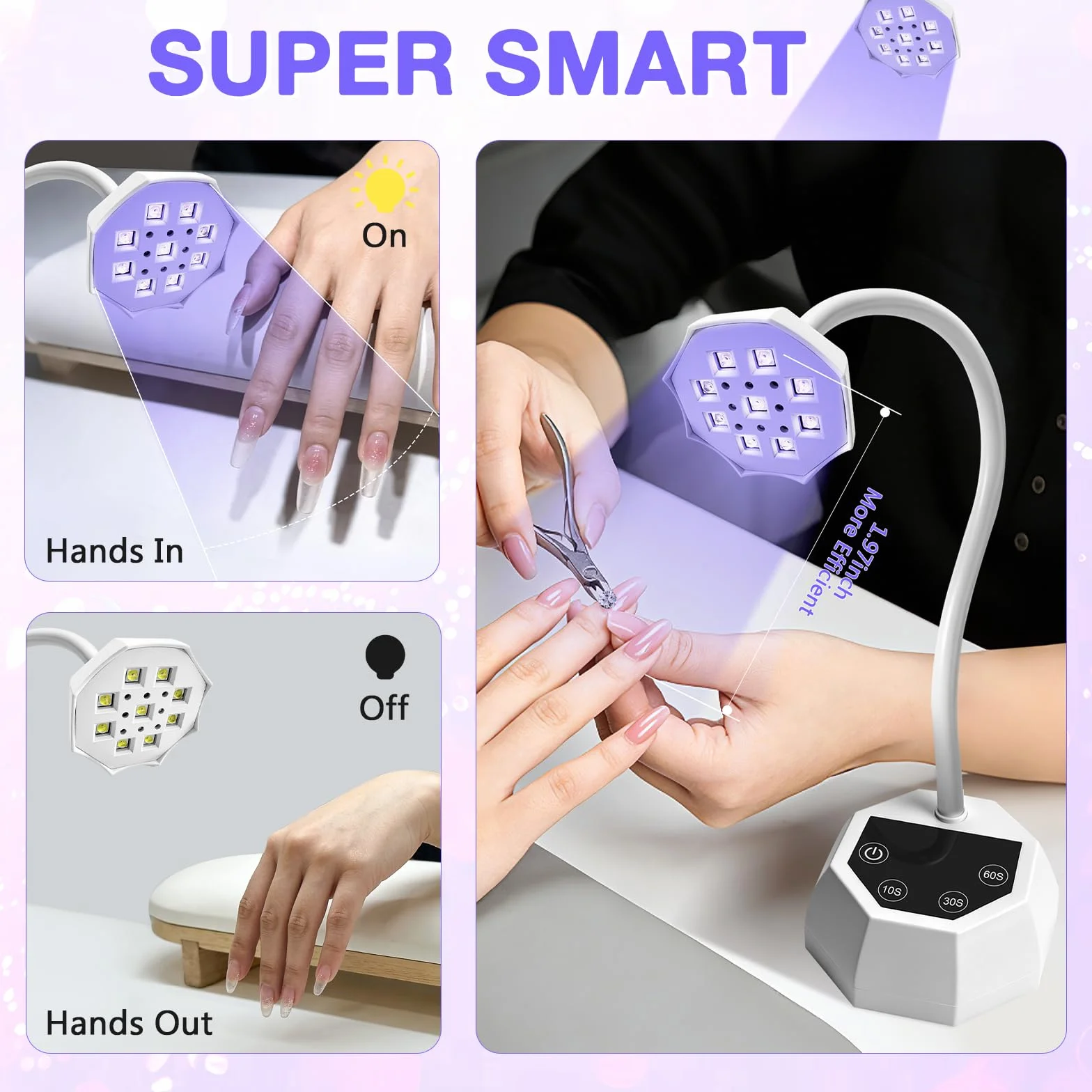 Lampada UV LED per Unghie Weiße Lotus - Sensore Intelligente 48W 365+395nm, Ricaricabile 1500mAh, Collo d'Oca Flessibile, Garanzia 365 Giorni