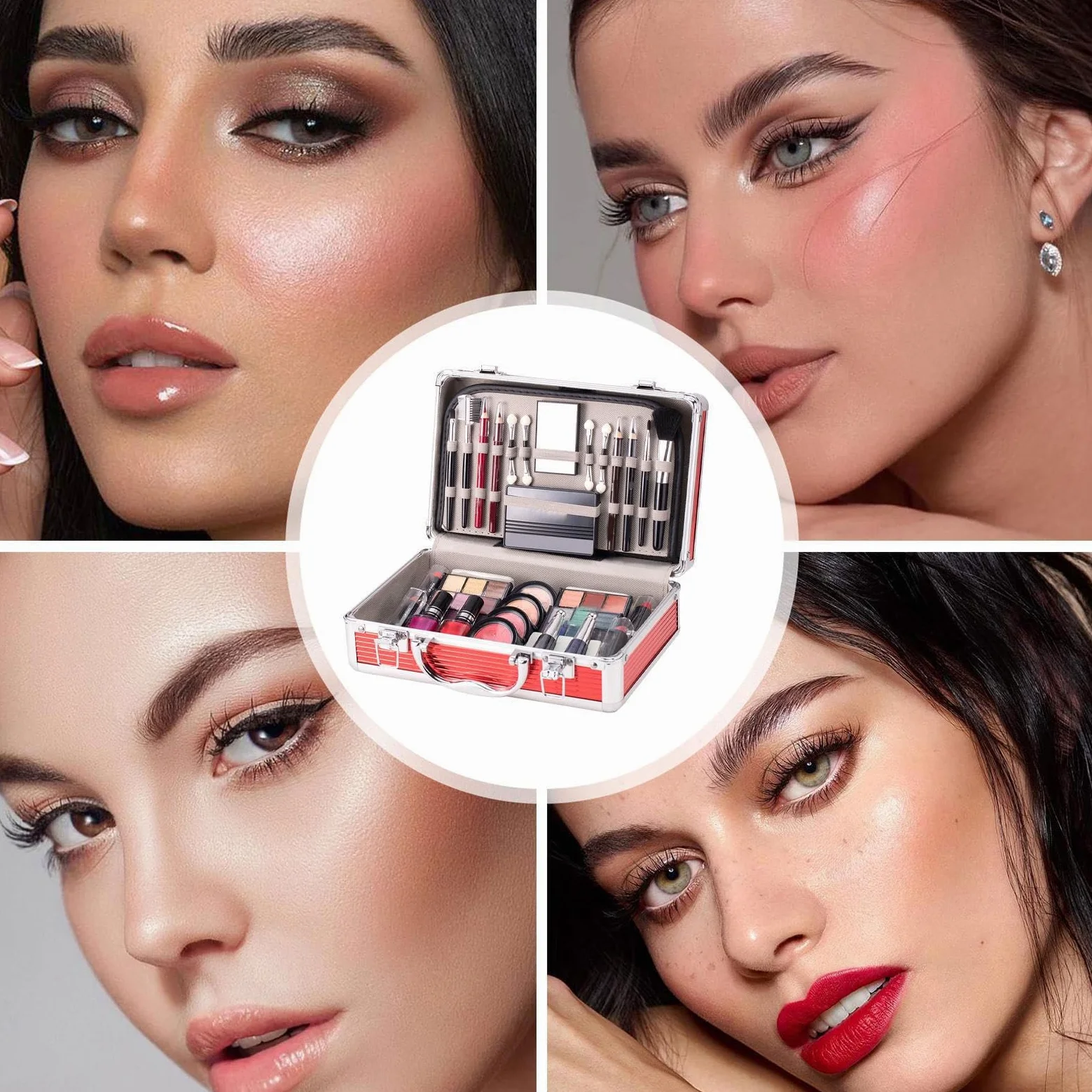 Kit per il trucco completo del viso, set per il trucco per principianti | Kit per principianti con custodia, Ombretto, fard, per sopracciglia, rossetto, smalto, pennello per sopracciglia per