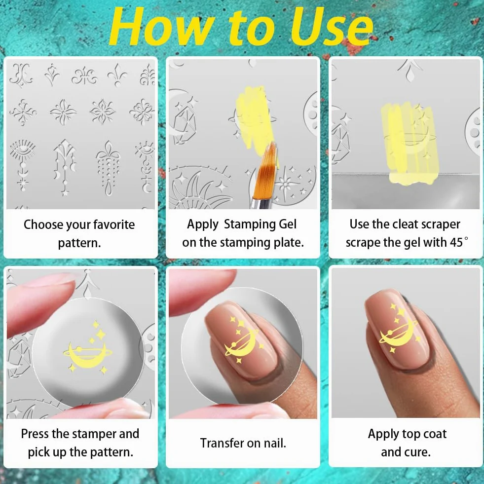 Set di 3 piastre per timbratura per unghie a forma di luna, stelle, sole, meteore, boemia, in acciaio inossidabile, modelli di timbri per unghie in silicone trasparente con raschietto per
